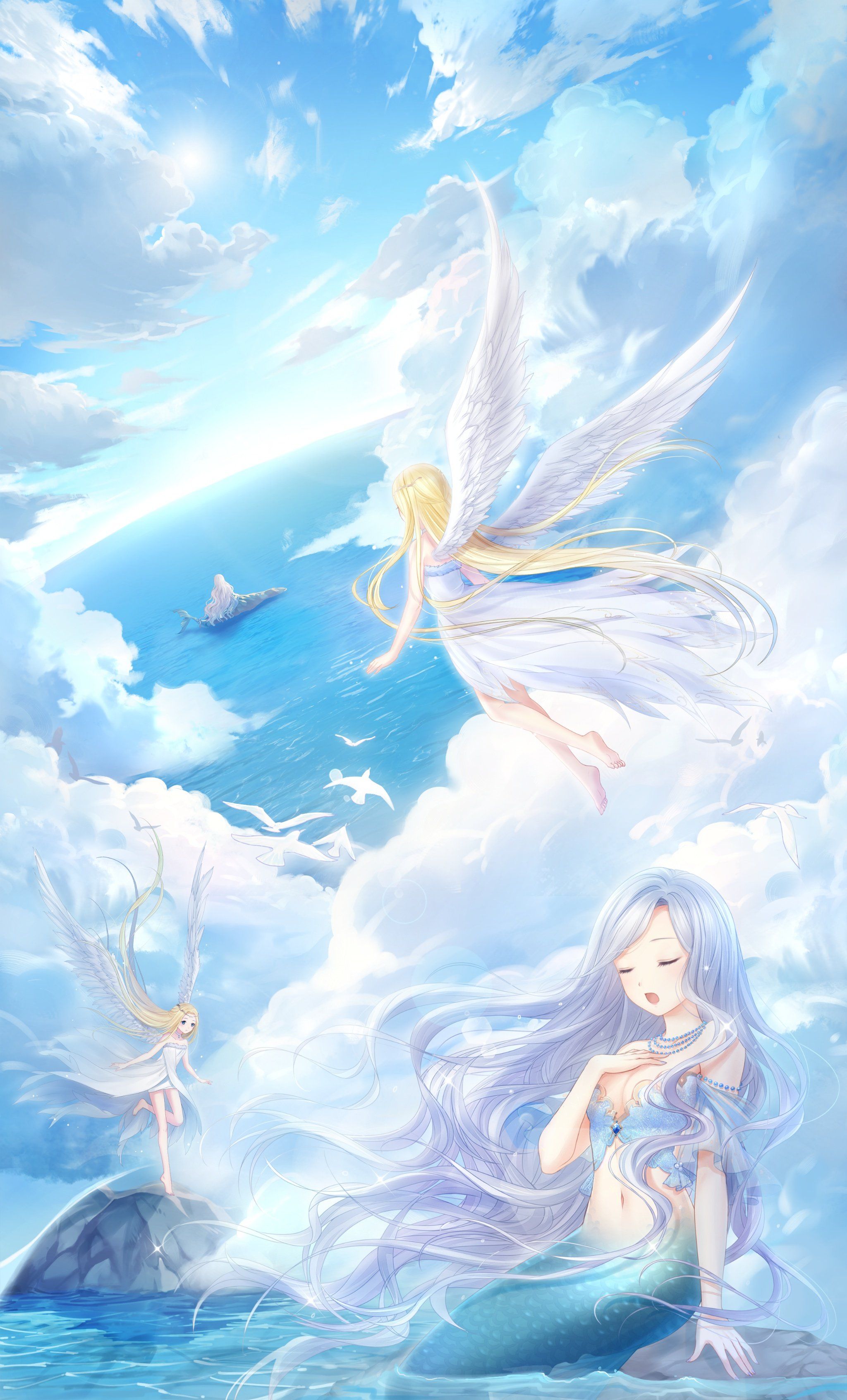 anime girl cute flower long hair beautiful mermaid sky fairy wallpaperx3382