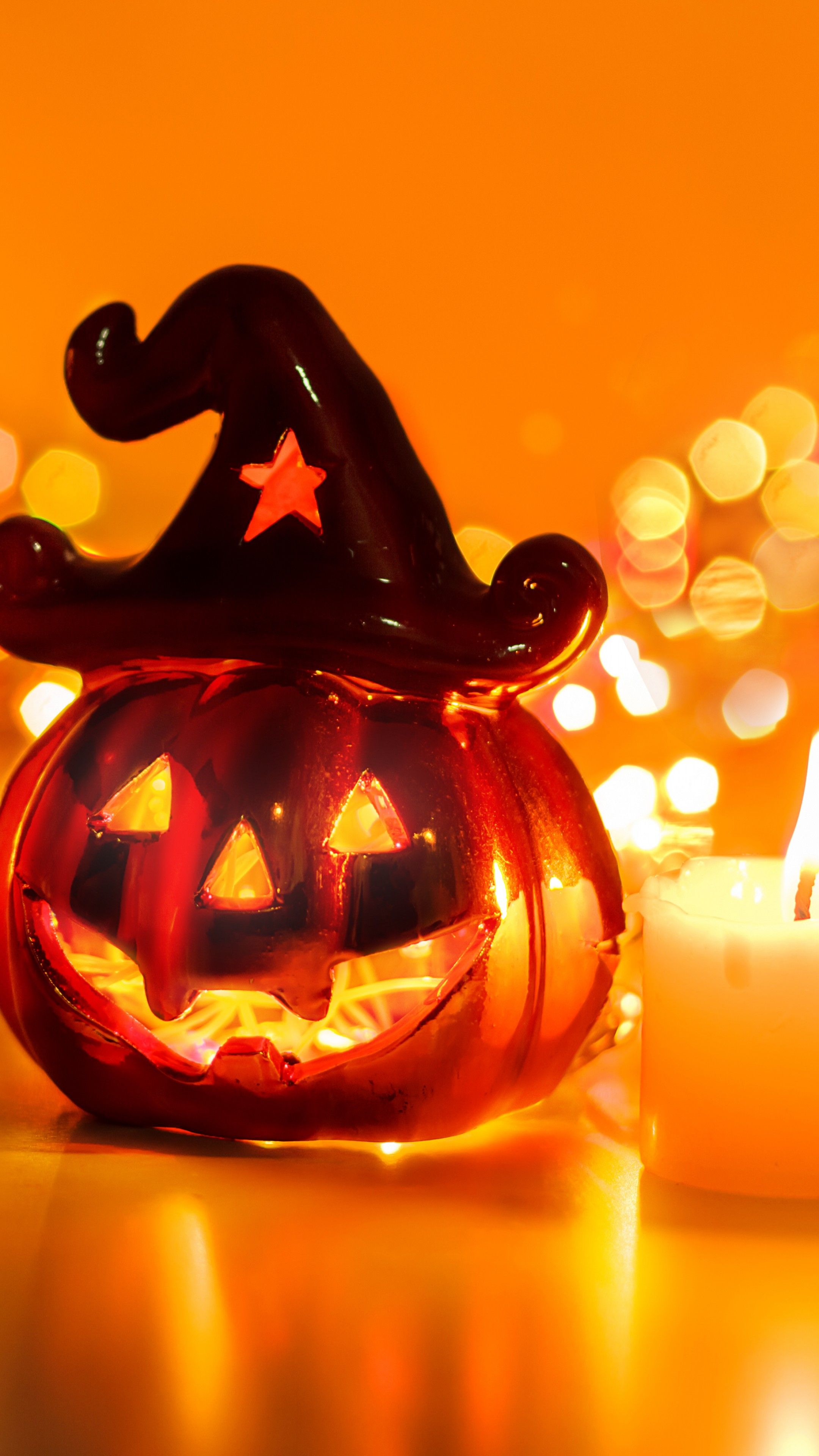 Wallpaper Halloween, All Hallows' Eve, All Saints' Eve, pumpkin, fear, cap, yellow, lights, decoration, bokeh, Holidays