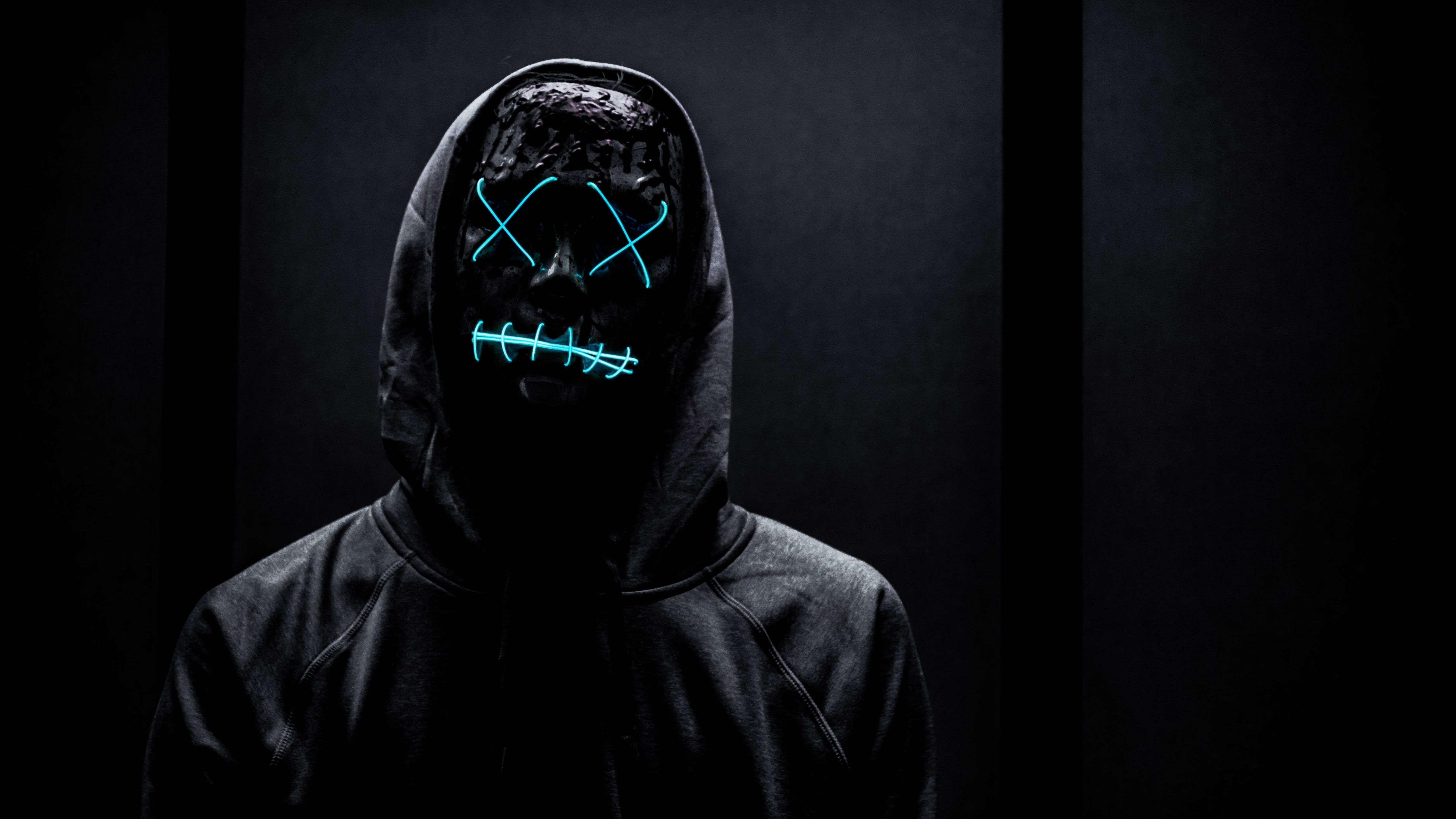 Neon Mask Wallpaper 4K, Man in Black, Photography