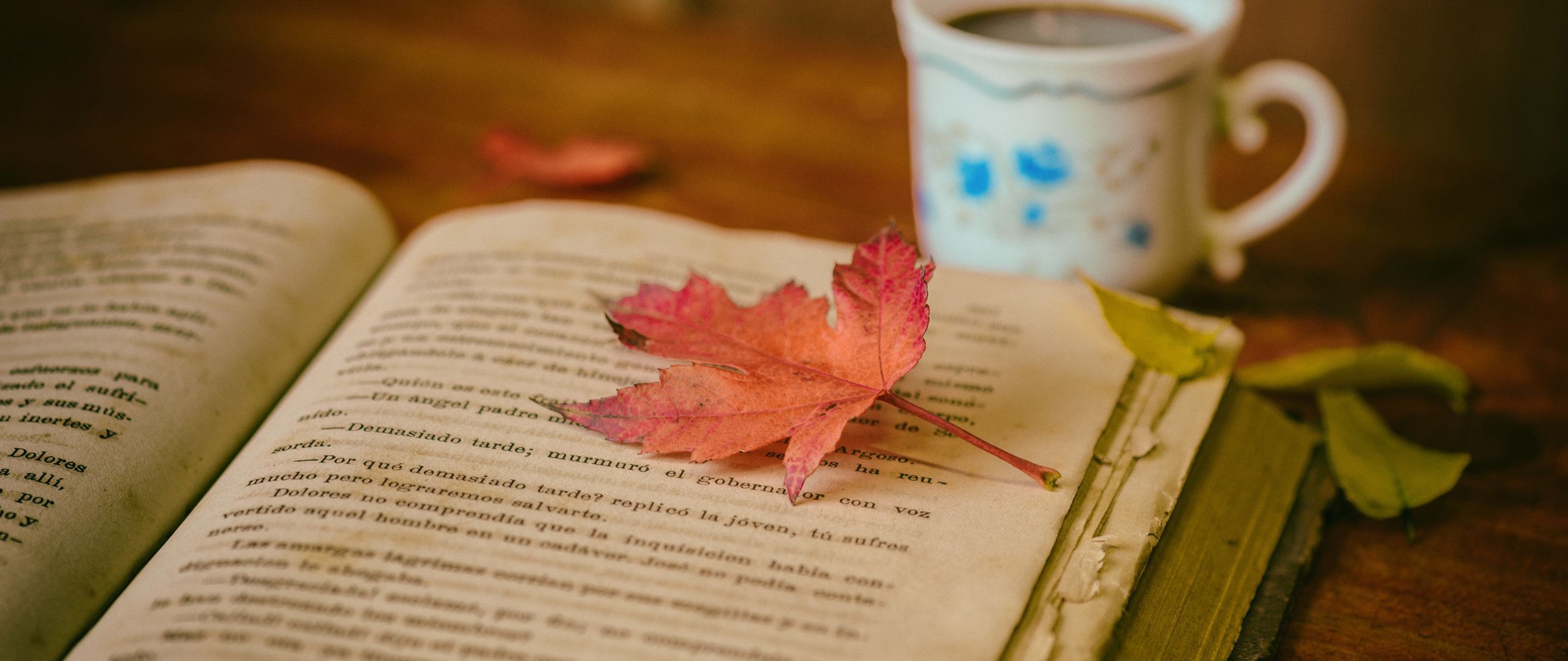 Download wallpaper 2560x1080 book, leaves, cup, autumn, comfort, reading, coffee dual wide 1080p HD background