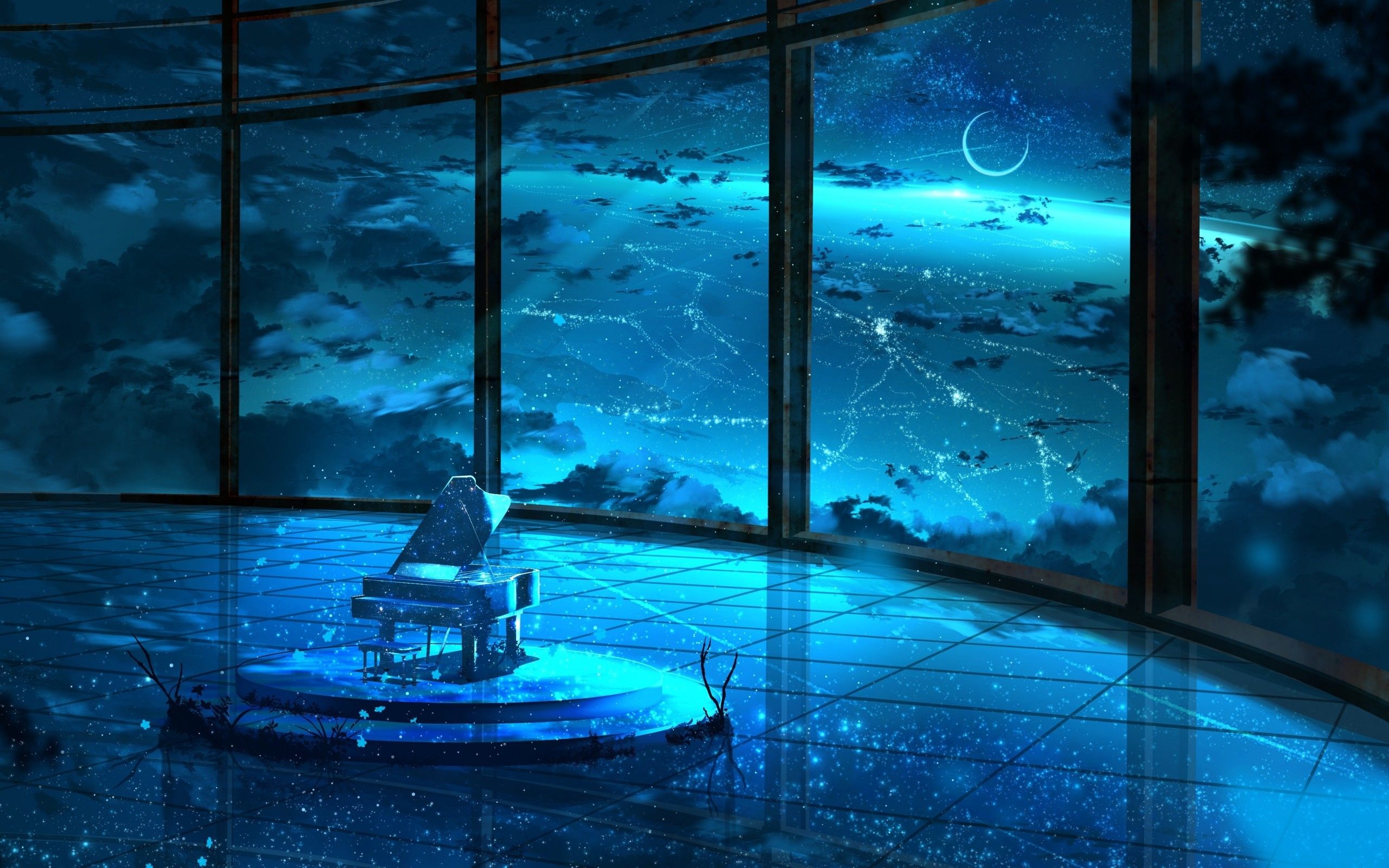 Download 2560x1600 Anime Scene, Piano, Starry Sky, Night, Windows, Moon, Scenery Wallpaper for MacBook Pro 13 inch