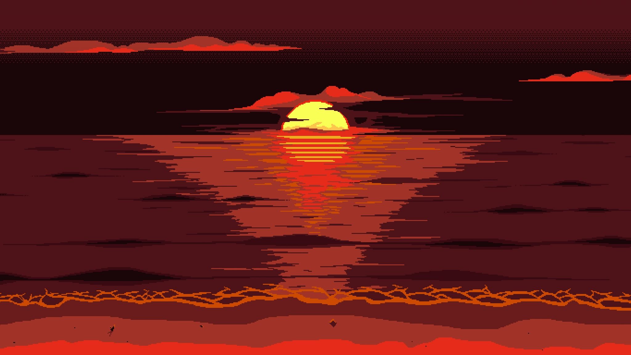 Download Red Dark Pixel Art Sunset 8k Ultra Wide monitor display wallpaper 2048x1152