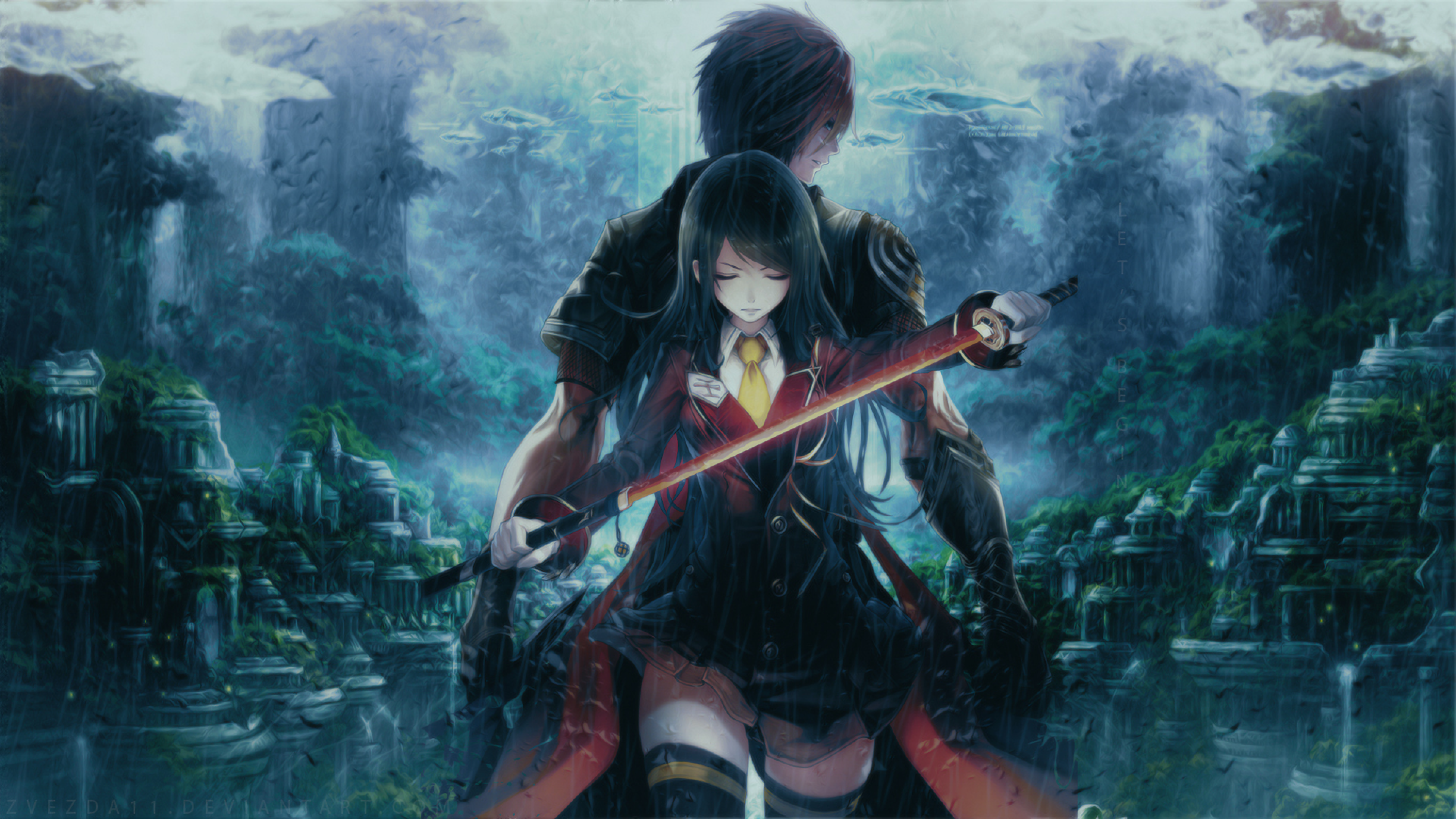 Download 3840x2160 Anime Girl, Boy, Couple, Fighter, Katana, Landscape, Raining, Warriors Wallpaper for UHD TV