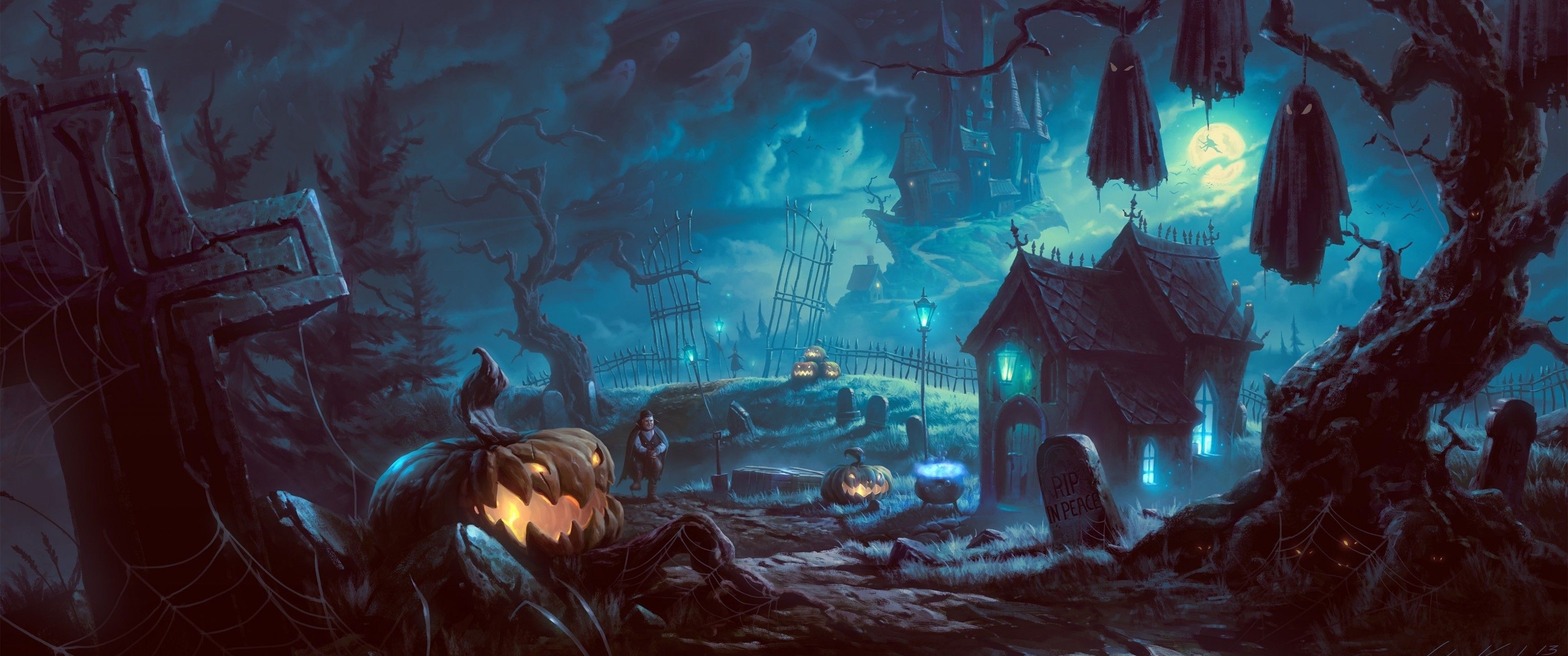 Download 3440x1440 Halloween, Graveyard, Pumpkins, Vampire, Abandoned Wallpaper