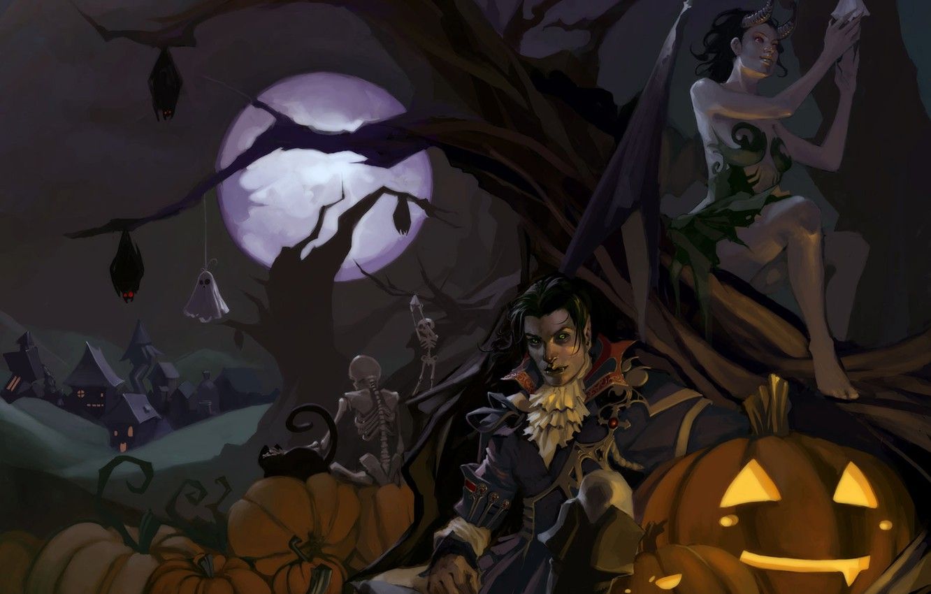 Wallpaper cat, night, tree, the moon, village, the demon, art, pumpkin, Halloween, vampire, Halloween, bats, demoness, skeletons image for desktop, section праздники