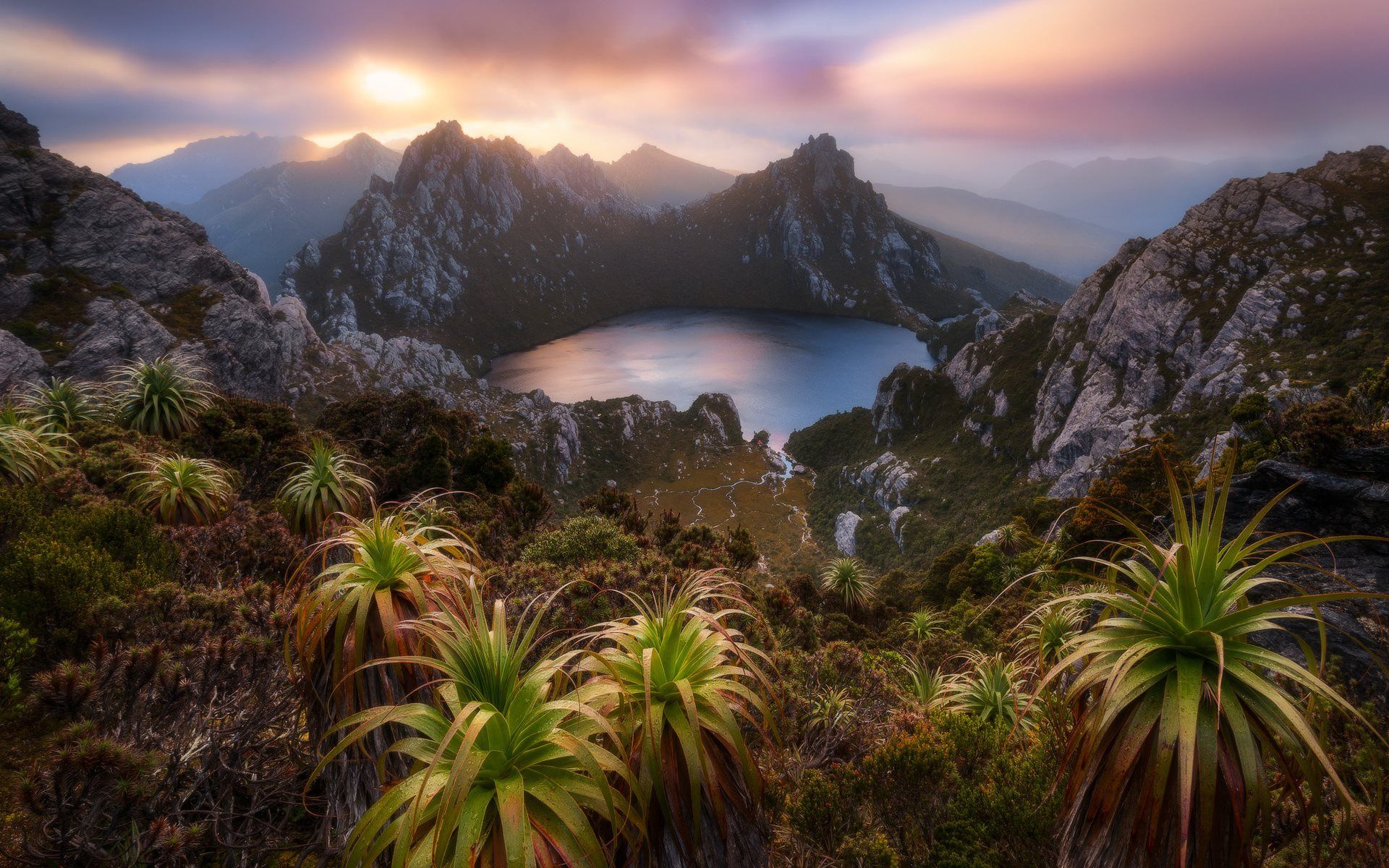Download wallpaper Lake Oberon, mountain lake, sunset, evening, mountain landscape, rocks, Tasmania, Australia for desktop with resolution 1920x1200. High Quality HD picture wallpaper