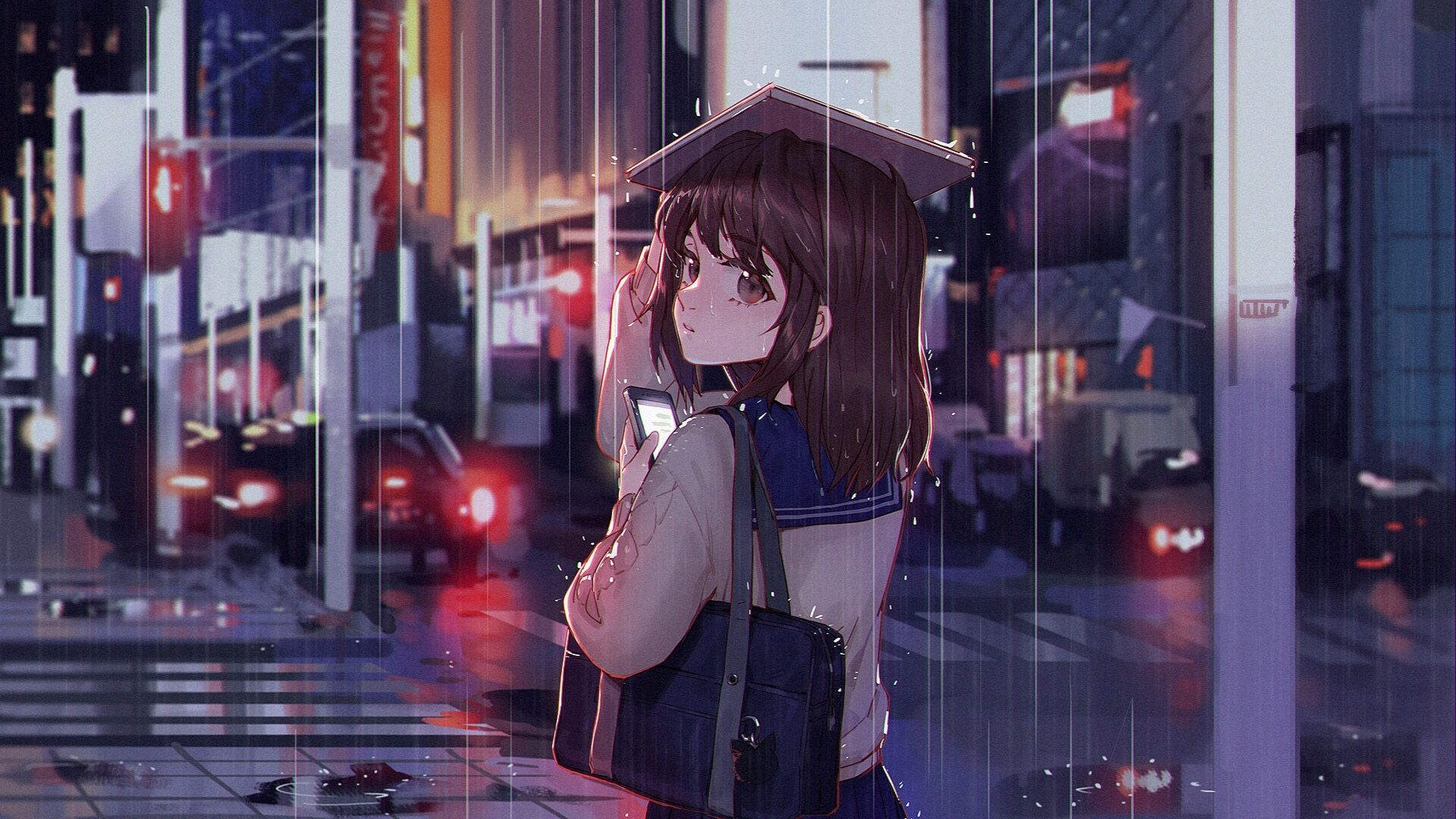 Download 1920x1080 Anime Girl, Raining, Smartphone, Urban, Street, Brown Hair Wallpaper for Widescreen