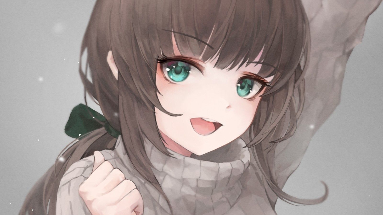 Download 1600x900 Anime Girl, Sweater, Brown Hair, Green Eyes Wallpaper