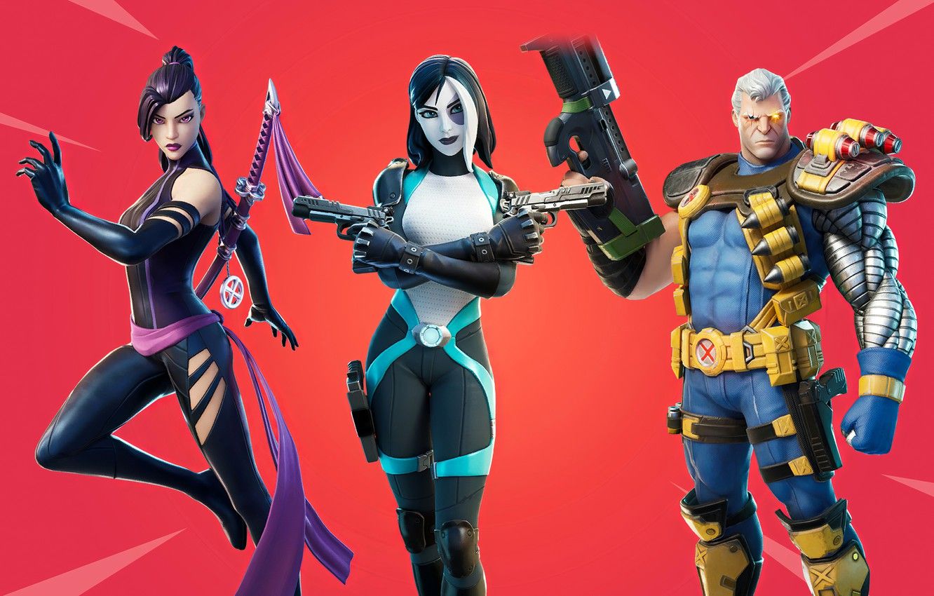 Wallpaper weapons, girls, man, fantasy, trio, red background, characters, Fortnite image for desktop, section игры