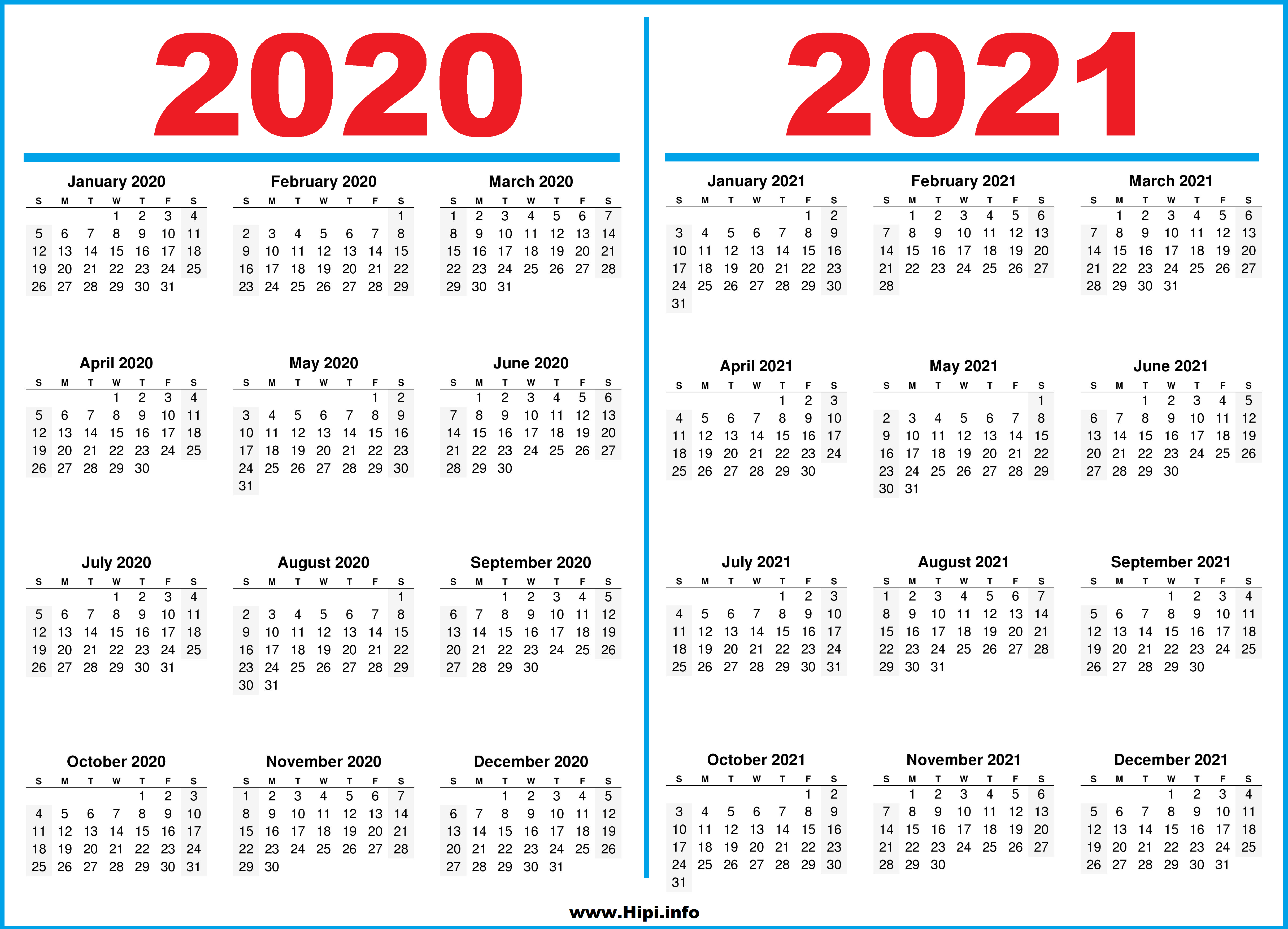 Printable 2 Year Calendar 2020 and 2021