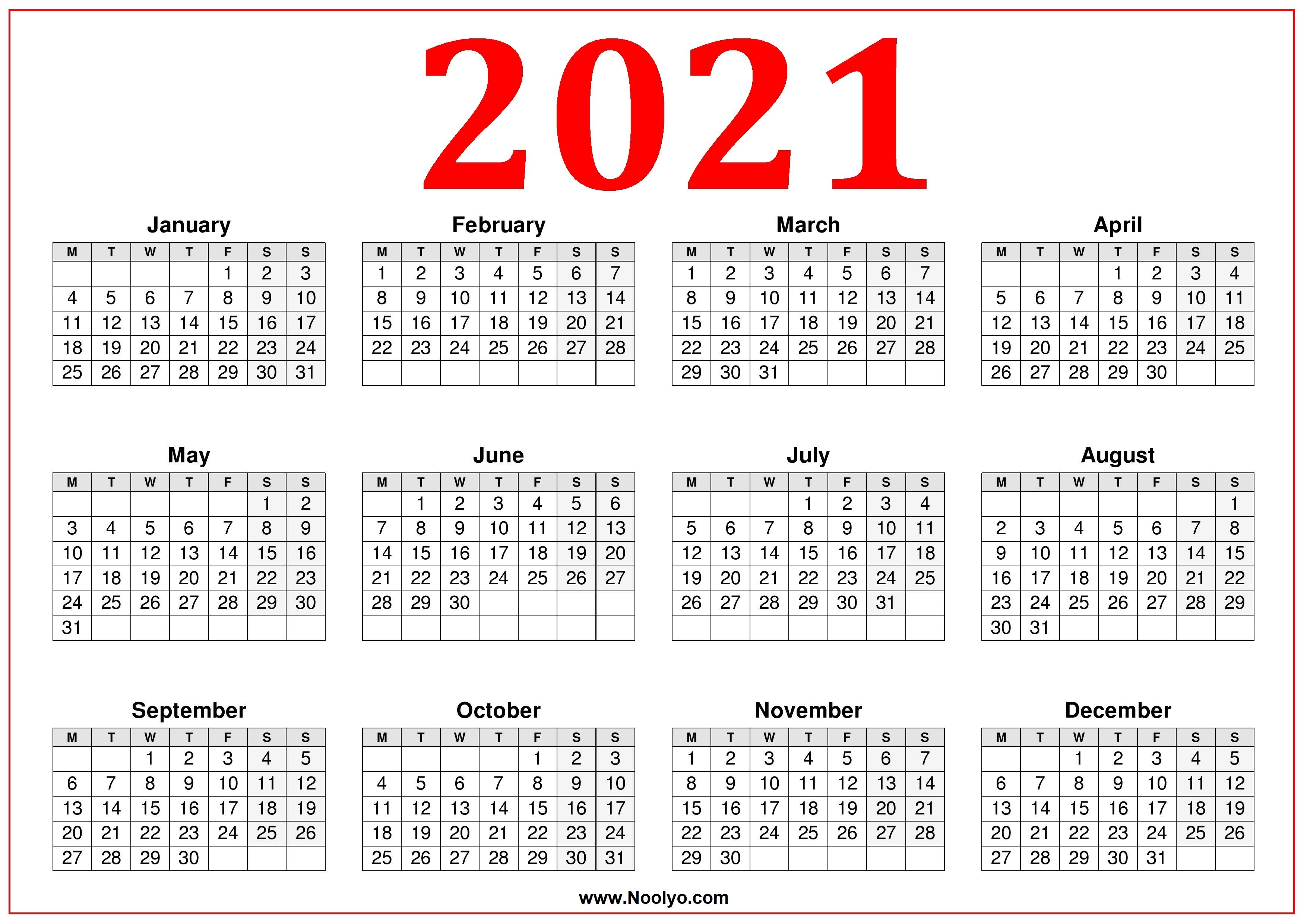 Printable Calendar 2021 Week Starting Monday - Red - Noolyo.