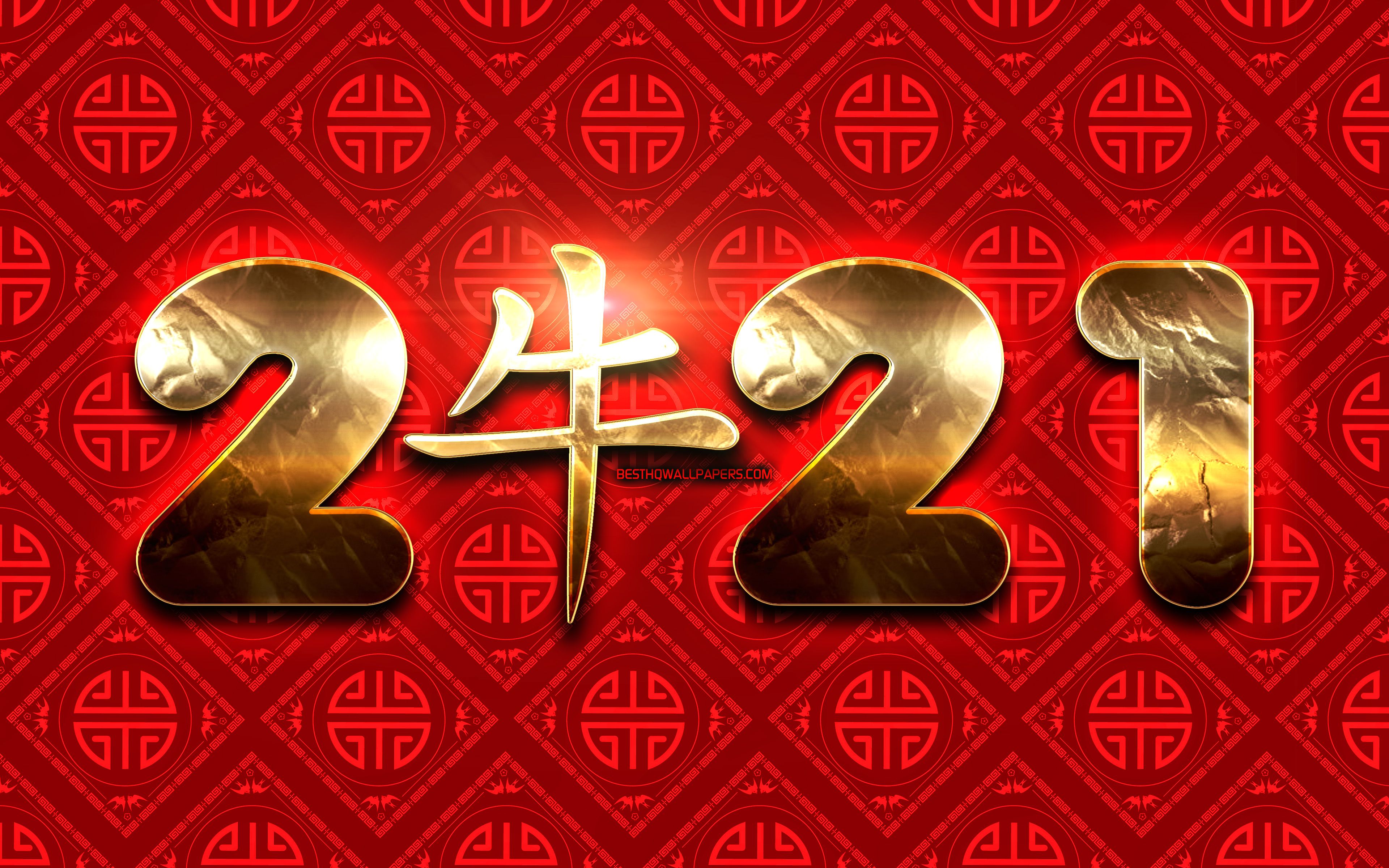 Download wallpaper 2021 golden digits, 4k, Ox zodiac sign, 2021 New Year, red chinese background, year of the Ox, Happy New Year 2021 concepts, 2021 with Ox sign, Chinese calendar, 2021