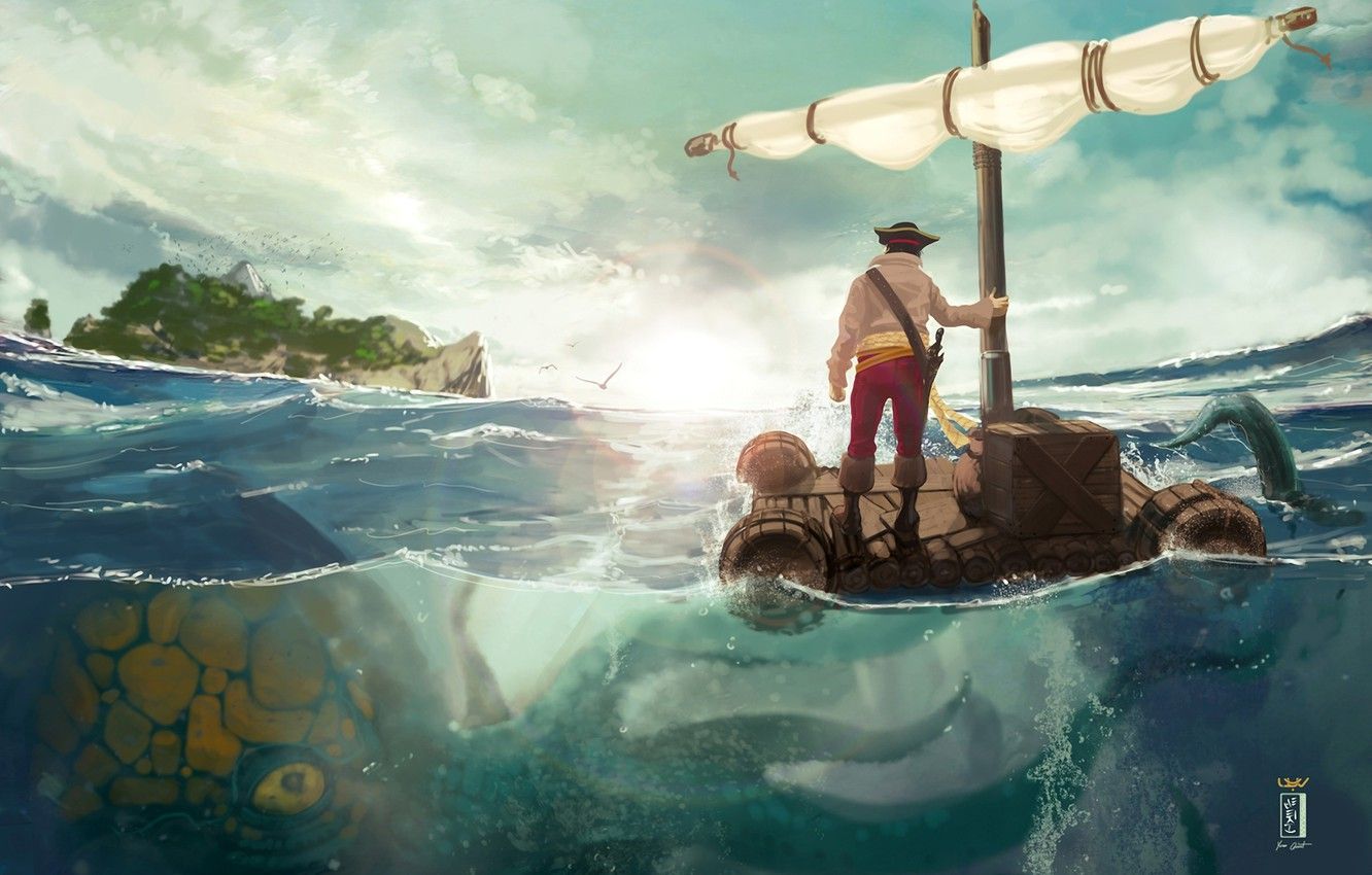 Wallpaper sea, danger, people, island, monster, art, octopus, the raft image for desktop, section ситуации
