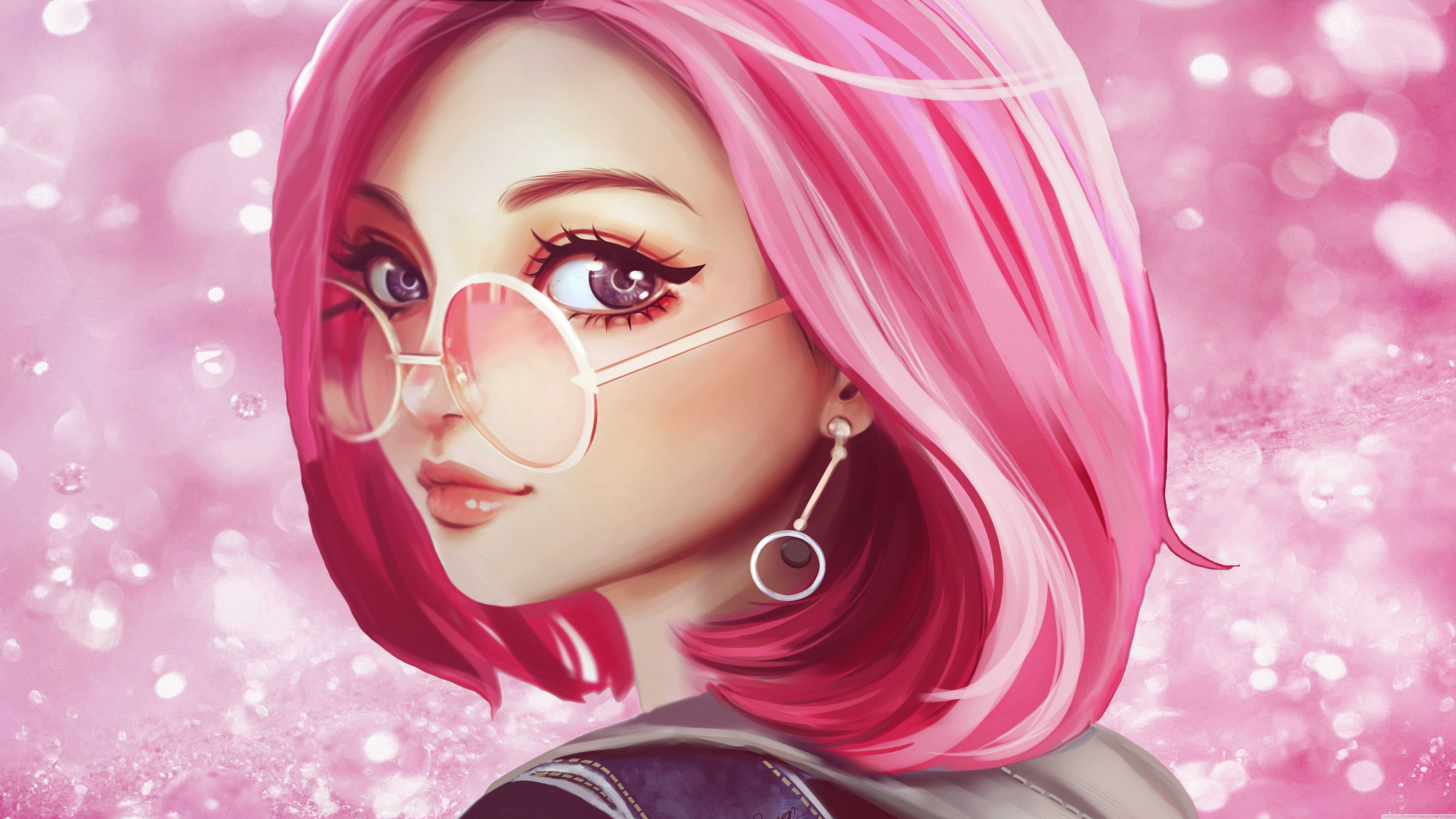 Download Cute Girl Pink Hair Sunglasses Digital Art. UltraHD Wallpaper