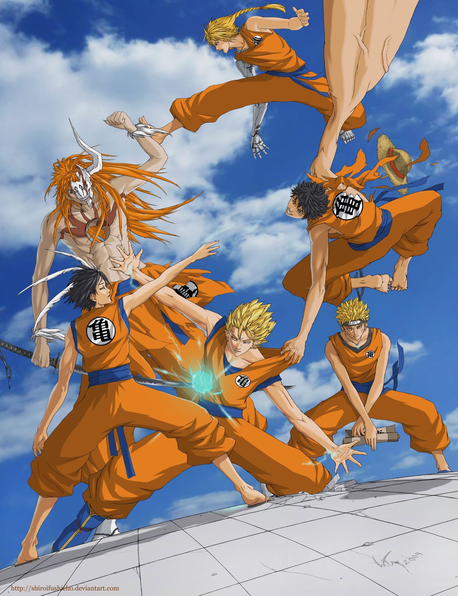 Ichigo = orange hair and horn, Edward = long blond hair and metal arm, Luffy = black hair and stretched arm, Naru. Anime fight, Anime crossover, Anime dragon ball