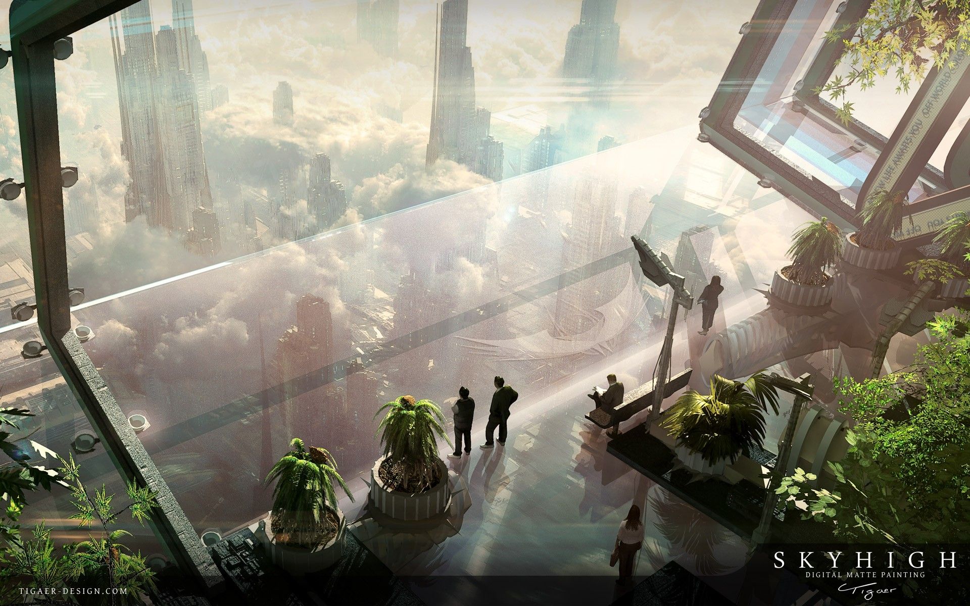 clouds, plants, futurist wallpaper