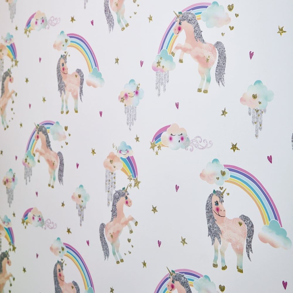 Arthouse Rainbow Unicorn Pattern Childrens Wallpaper Glitter Pony Heart Motif 696109. I Want Wallpaper