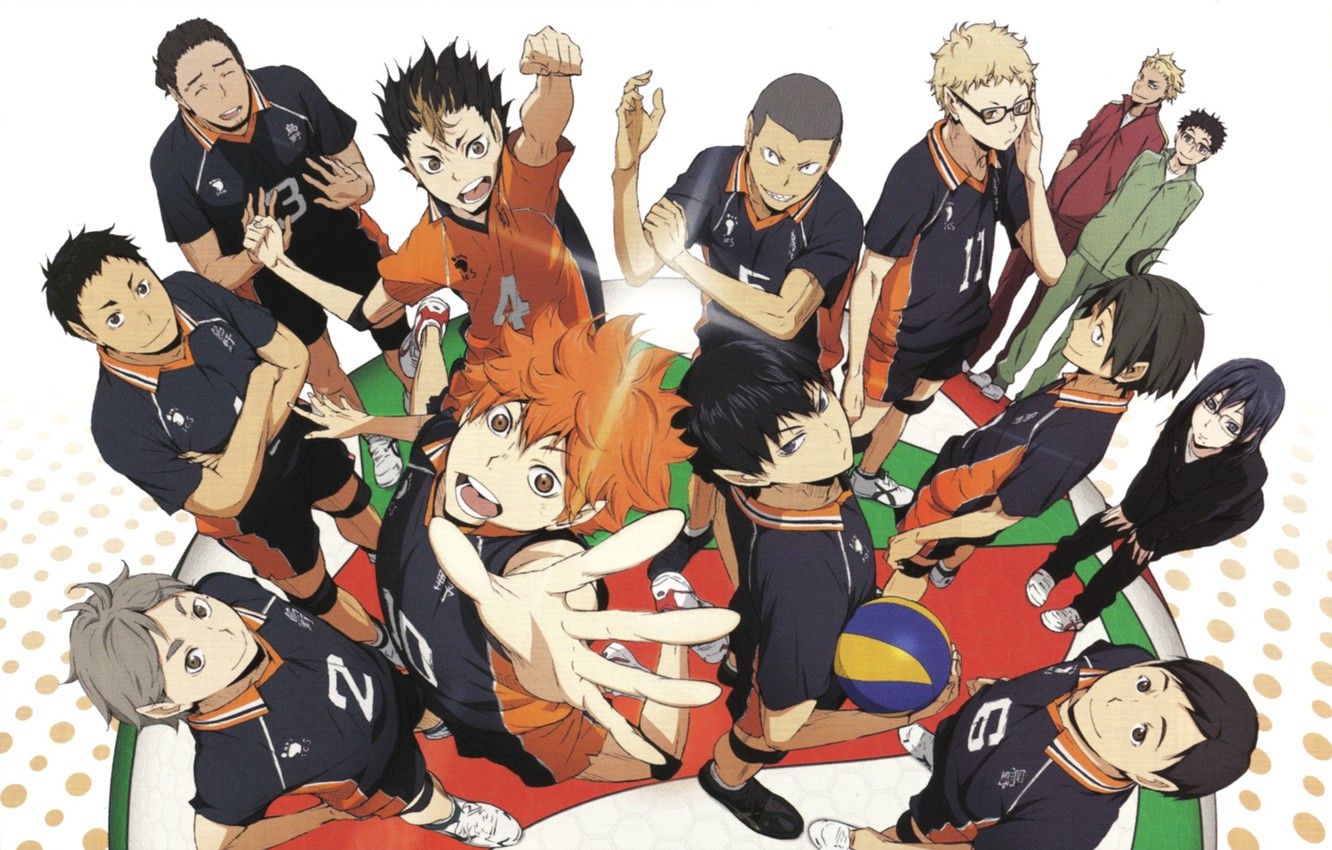 Wallpaper up, red, glasses, team, guys, friends, the excitement, characters, gestures, sports uniforms, Haikyuu!!, Volleyball!, Shouyou Hinata, Tobio Kageyama, by Haruichi Furudate image for desktop, section сёнэн