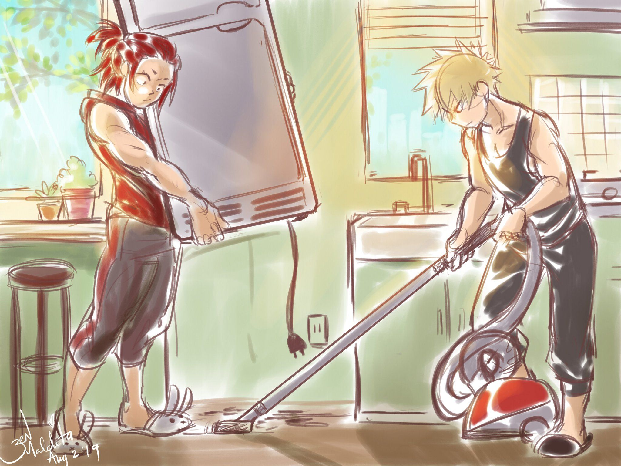 zen - #kiribaku kitchen doodles from my stream! stupidly strong by me and singing idiots idea GUESS WHAT THEY'RE SINGING. GUESS WHAT SONG WILL BURN THEIR APARTMENT lol #bakushima #