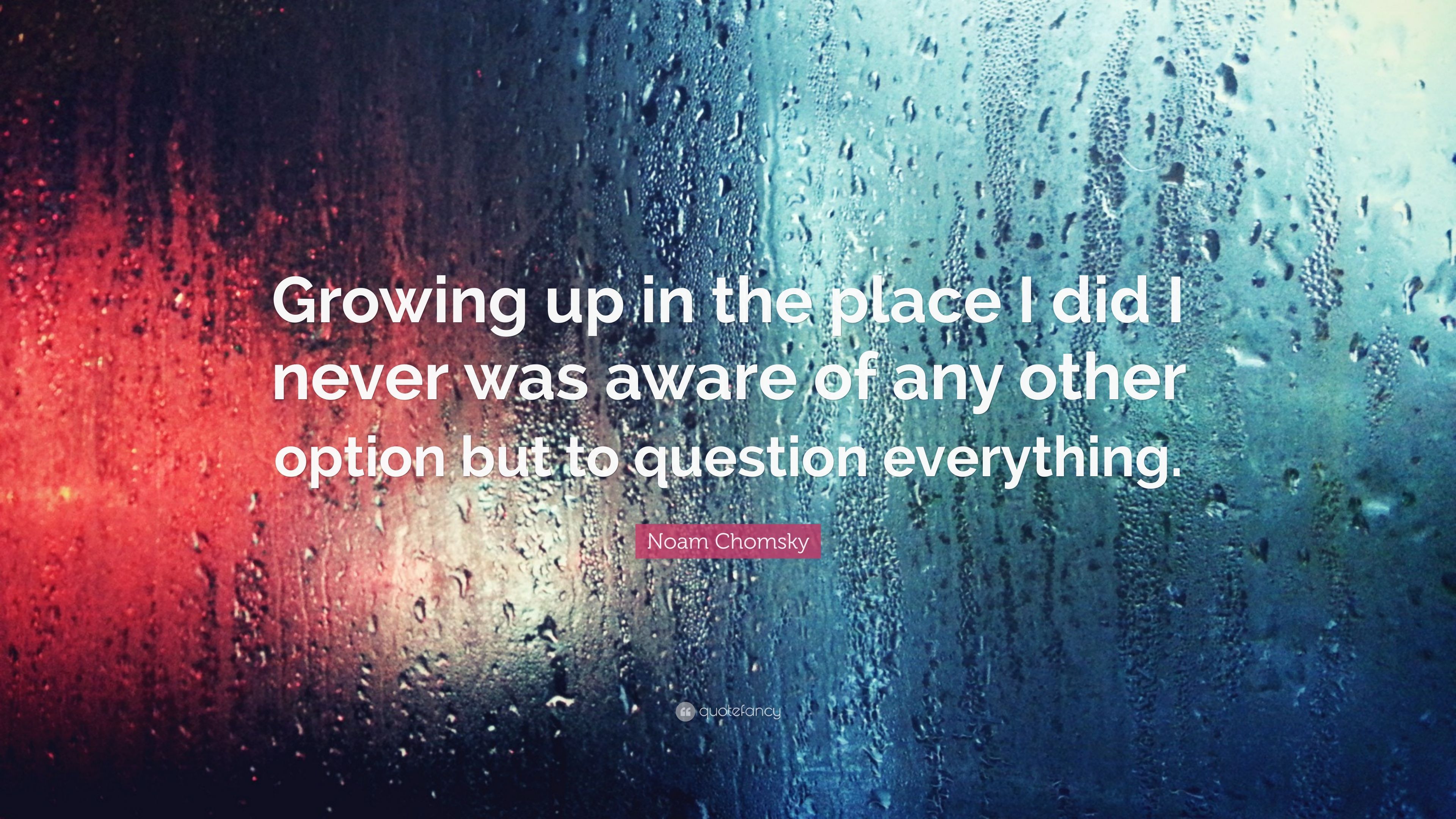 Noam Chomsky Quote: “Growing up in the place I did I never was aware of any other option but to question everything.” (9 wallpaper)