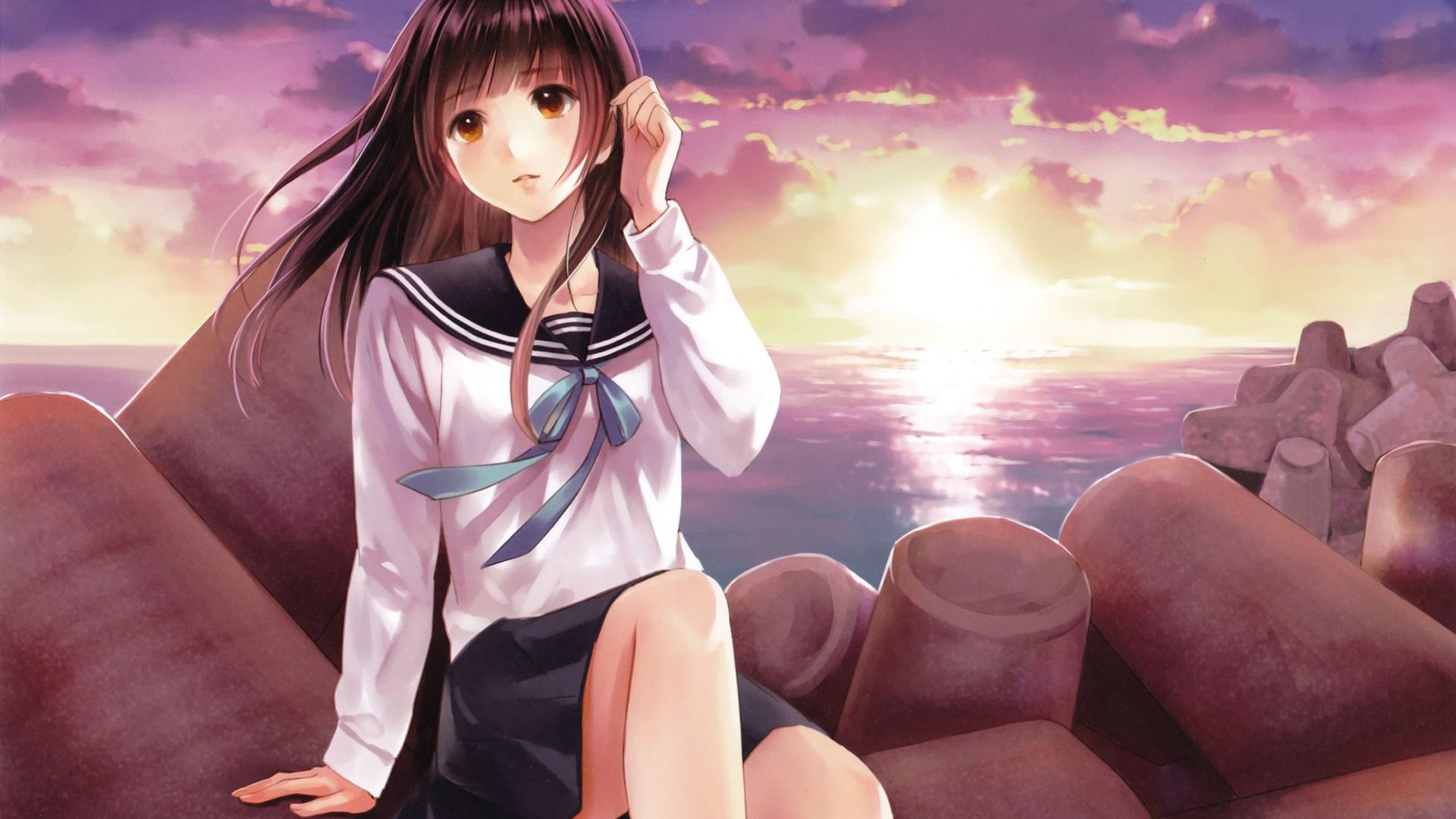 The sea, the wind, lovely girl, long hair, beautiful anime wallpaper