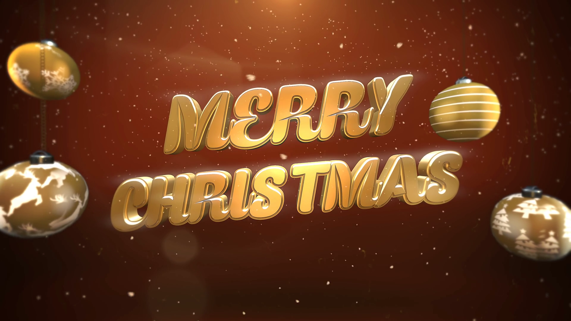 Animated closeup Merry Christmas text, white snowflakes and gold balls on retro background Motion Background