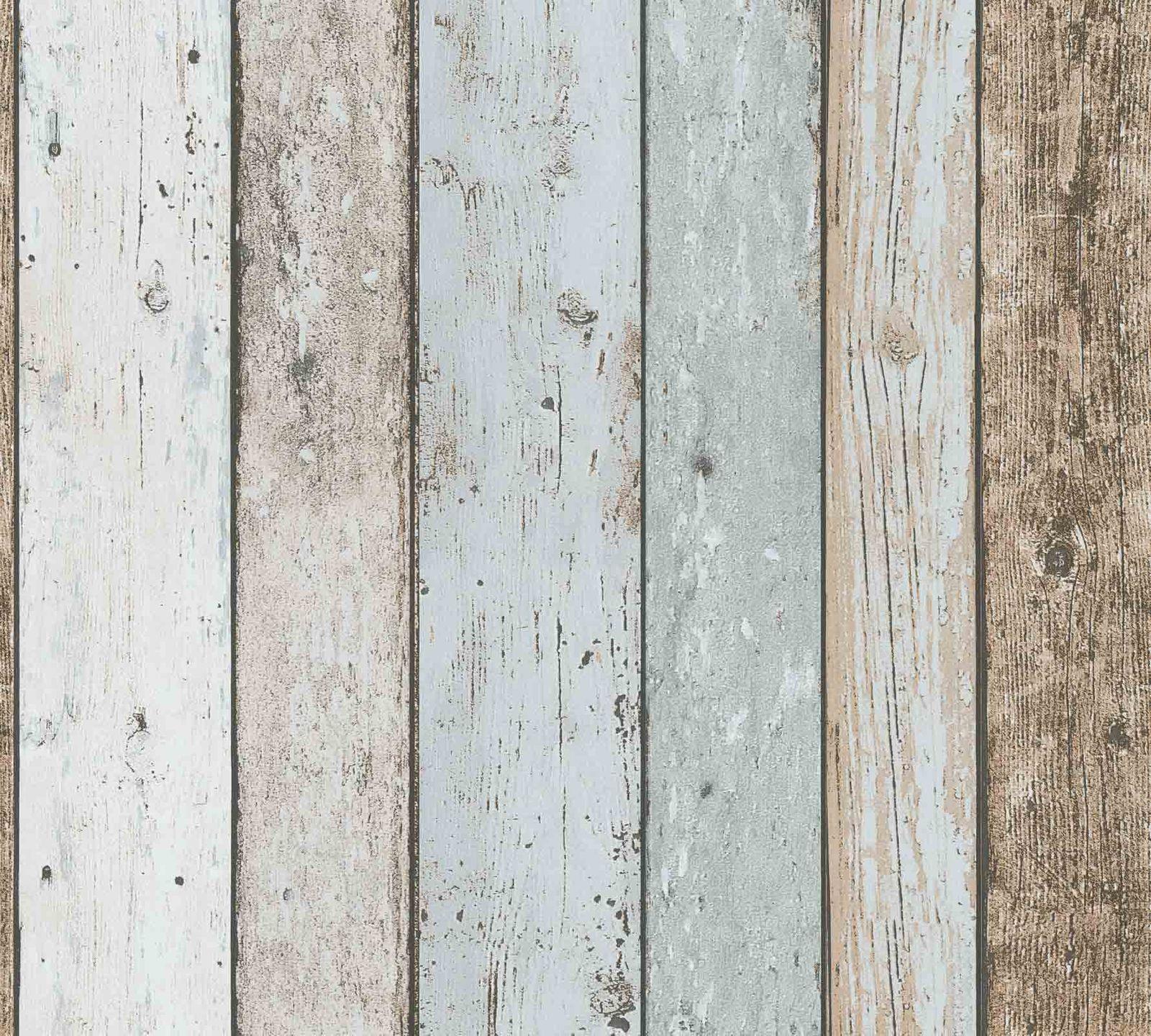 A.S Creation 3D Effect Wood Panel Plank Wallpaper Distressed Cream Blue Brown 4000776899927
