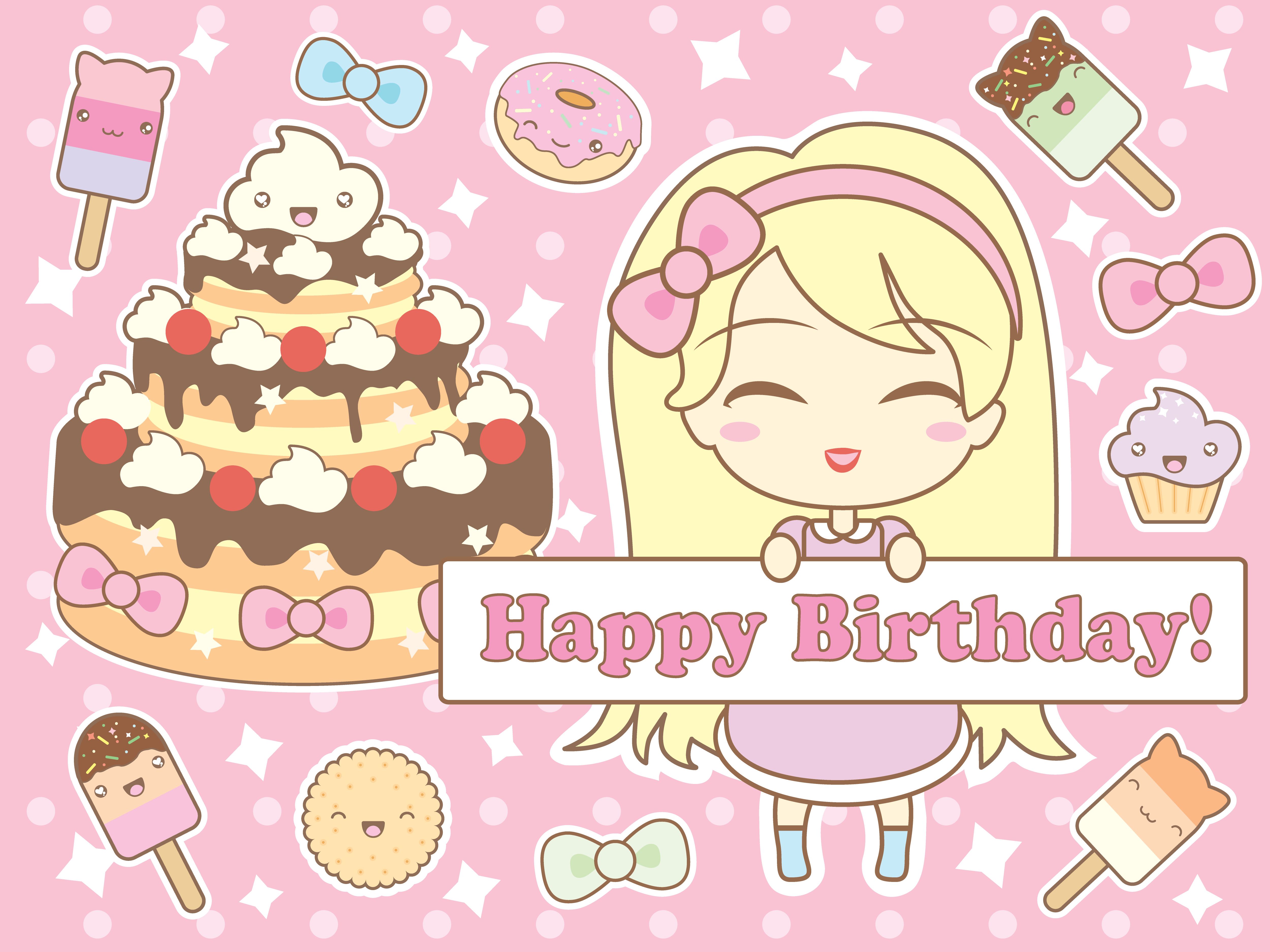 Happy birthday card in kawaii style Free Vectors, Clipart Graphics & Vector Art