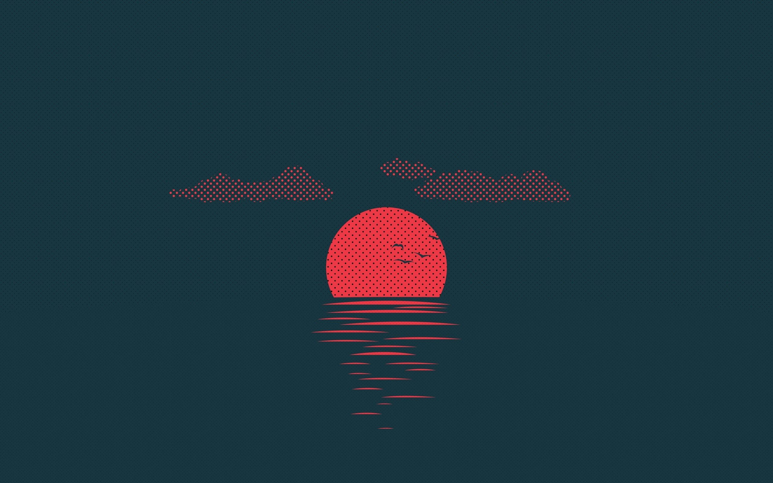 Download 2560x1600 Red Sun, Waves, Birds, Sunset, Clouds, Minimalism Wallpaper for MacBook Pro 13 inch