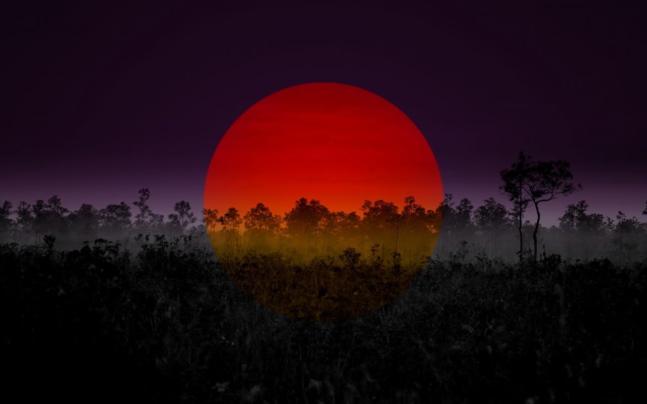 Download 1280x800 wallpaper red sun, photohop, sunset, silhouette, art, full hd, hdtv, fhd, 1080p, widescreen, 1280x800 HD image, background, 18099