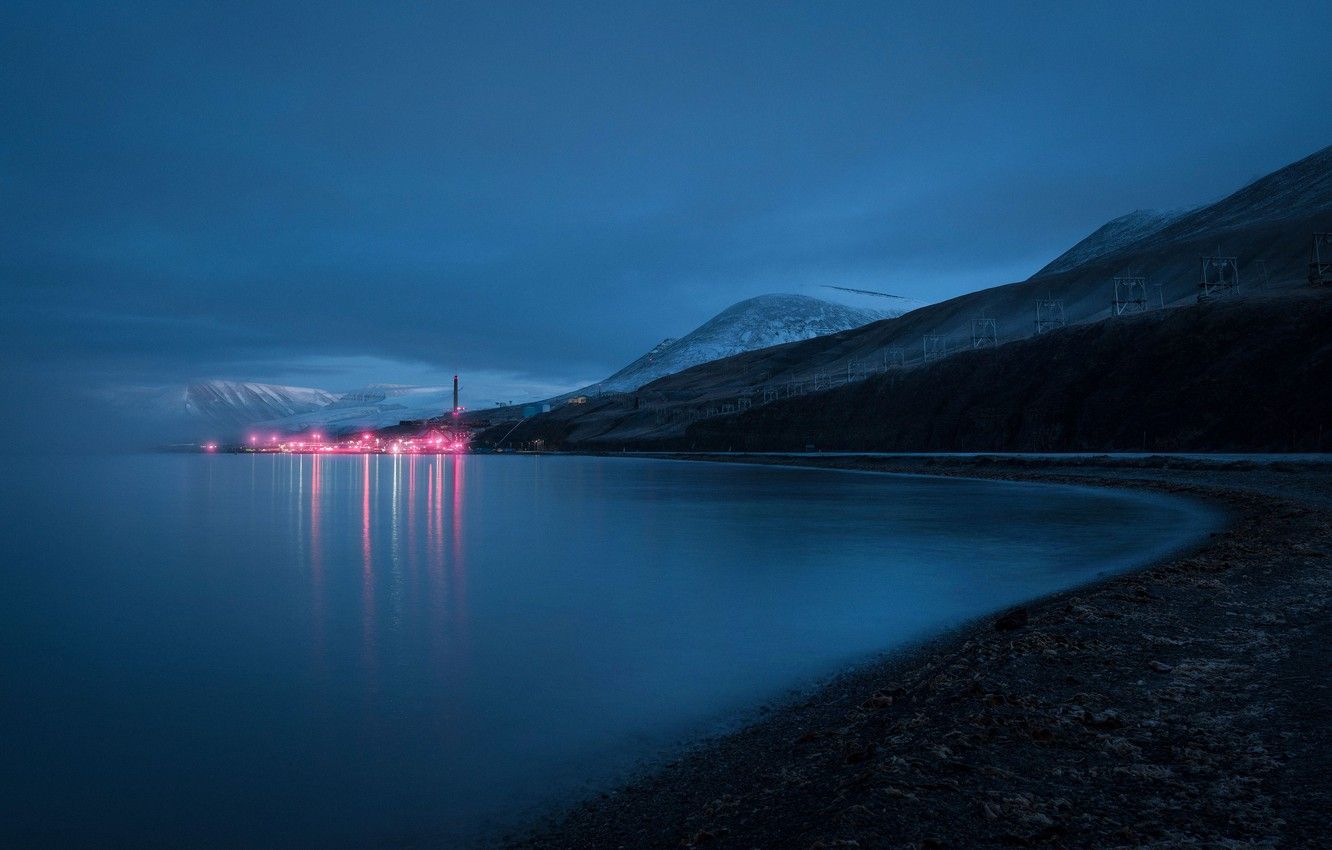 Wallpaper mountains, night, shore, Svalbard, Svalbard, Spitsbergen, light lantern, KSAT, Reuben Wu, Satellite station image for desktop, section природа
