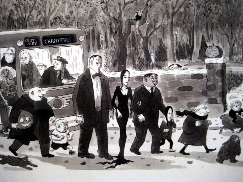 Addams Family Show cartoon of Bus at Halloween 1240