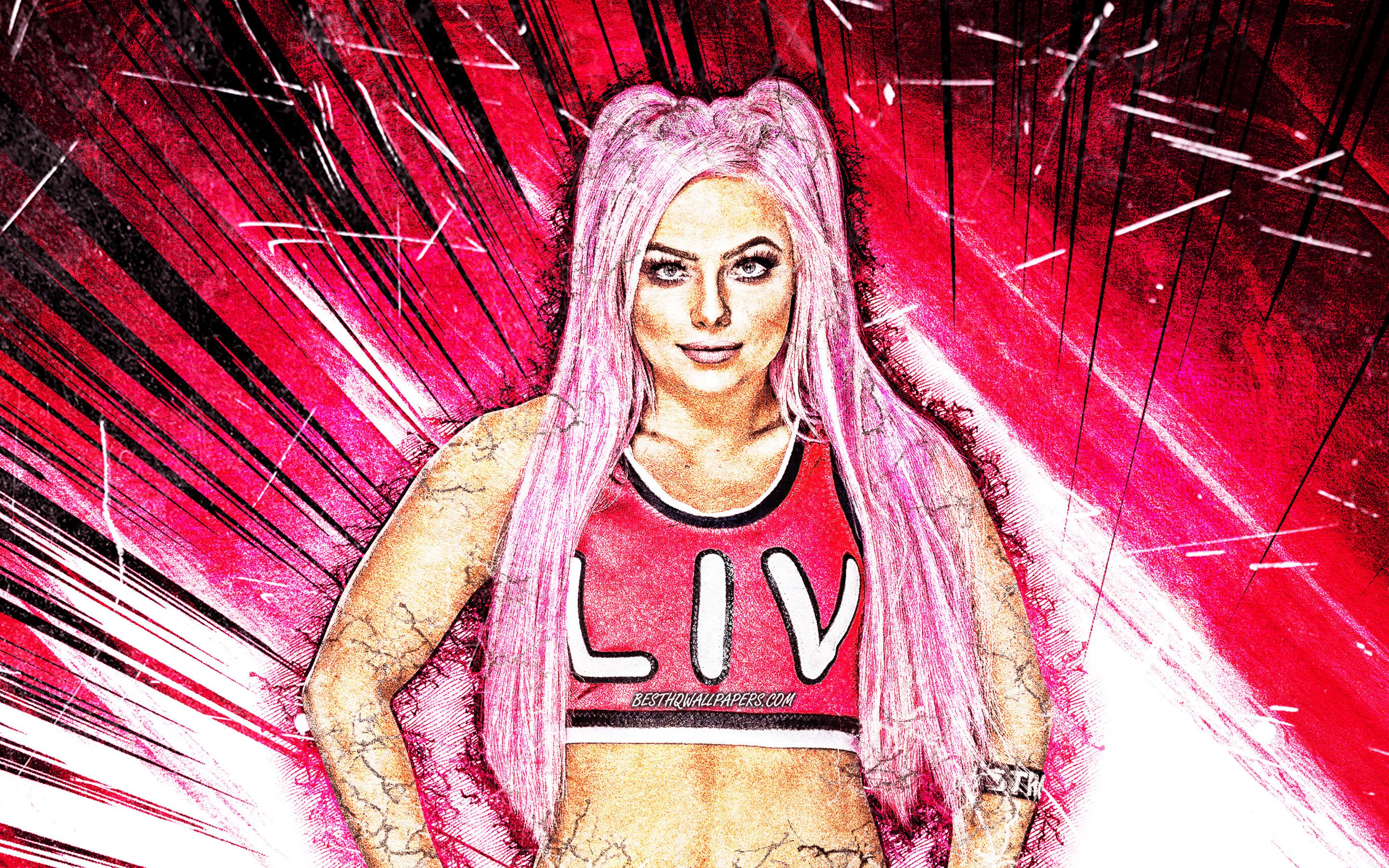Download wallpaper Liv Morgan, WWE, grunge art, american wrestlers, wrestling, purple abstract rays, Gionna Daddio, female wrestlers, wrestlers for desktop with resolution 2880x1800. High Quality HD picture wallpaper