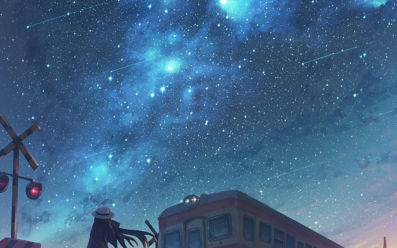 Download 1280x800 Anime Starry Sky, Railroad Car, Mood, Anime Girl, Scenic, Falling Stars, Night Wallpaper for Motorola Xoom, MacBook Pro 13