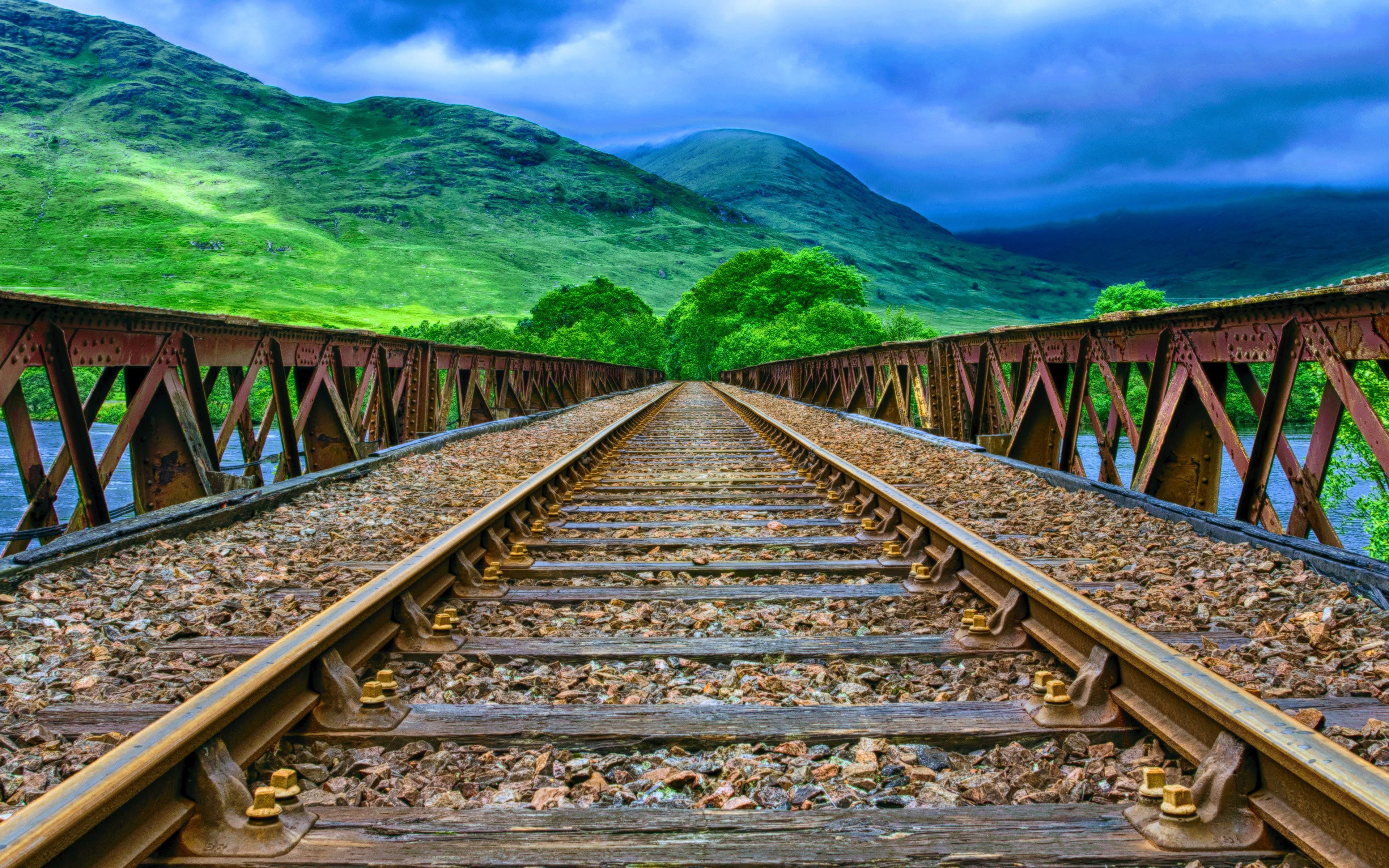 Scottish Railway Track Rail Bridge Fence River Green Mountain Sky HD Wallpaper For Pc 3840x2400, Wallpaper13.com