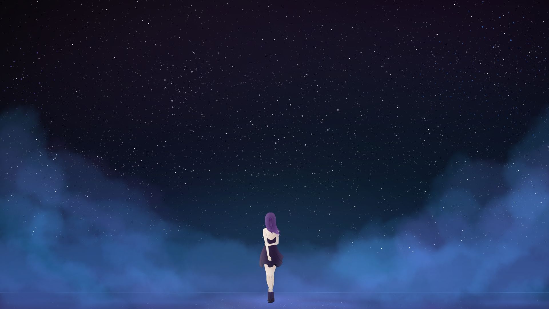 Starry sky, fantasy, anime girl, minimal, night wallpaper, HD image, picture, background, 002d55