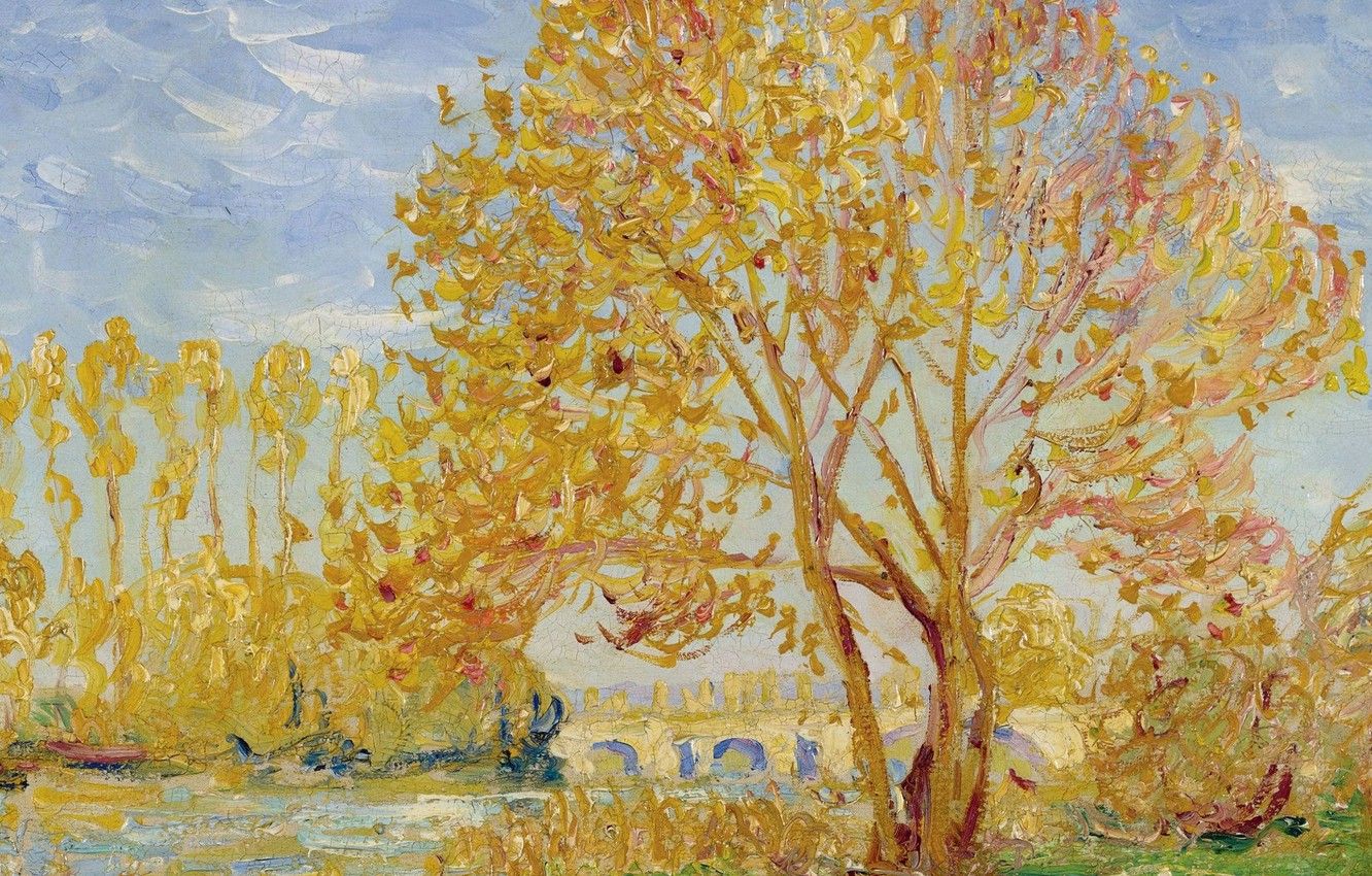 Wallpaper landscape, bridge, river, tree, picture, Francis Picabia, The Autumn Effect, Francis Picabia image for desktop, section живопись