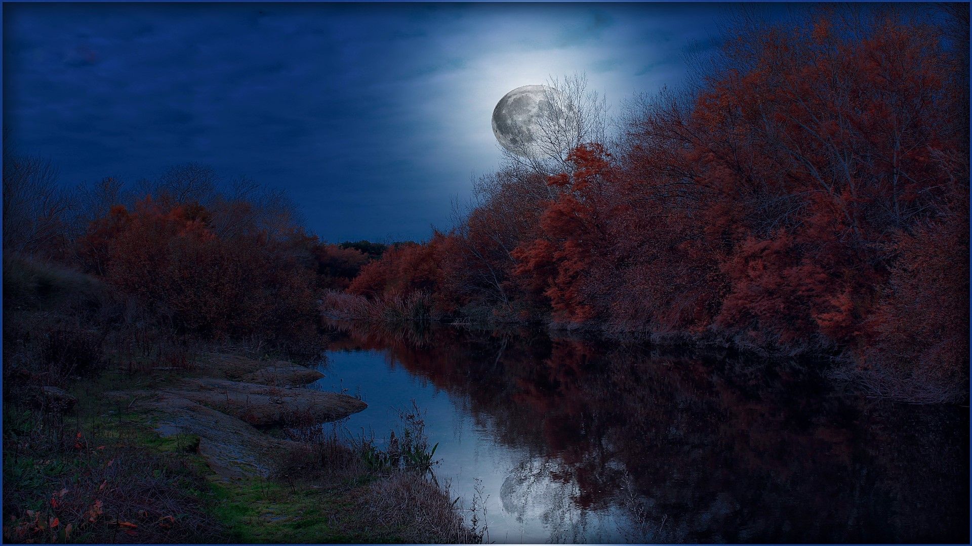 Full Moon Autumn River Landscape- HD 4K