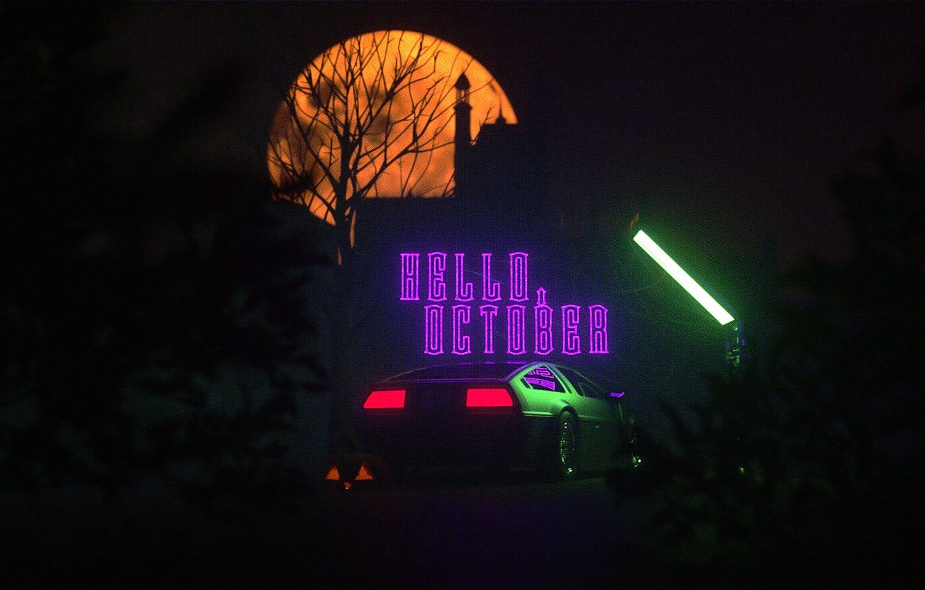 Wallpaper Auto, Night, Music, The Moon, Machine, Style, Halloween, DeLorean DMC 12, Art, Art, 80s, Style, DeLorean, DMC 12, Neon, Rendering Image For Desktop, Section рендеринг