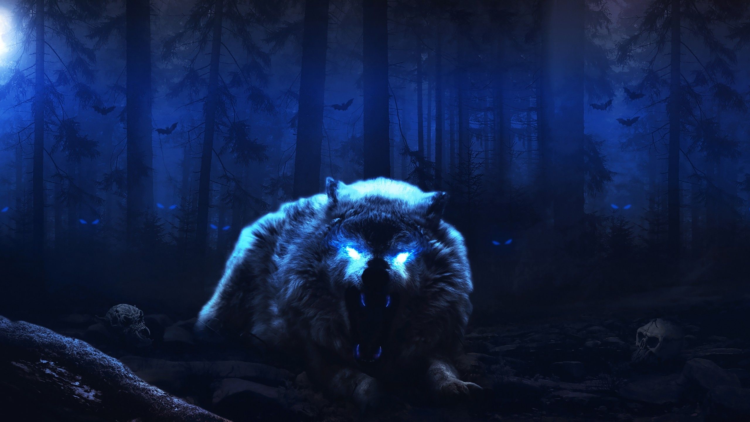 Download 2560x1440 White Wolf, Scary, Night, Dark Forest, Monster Wallpaper for iMac 27 inch