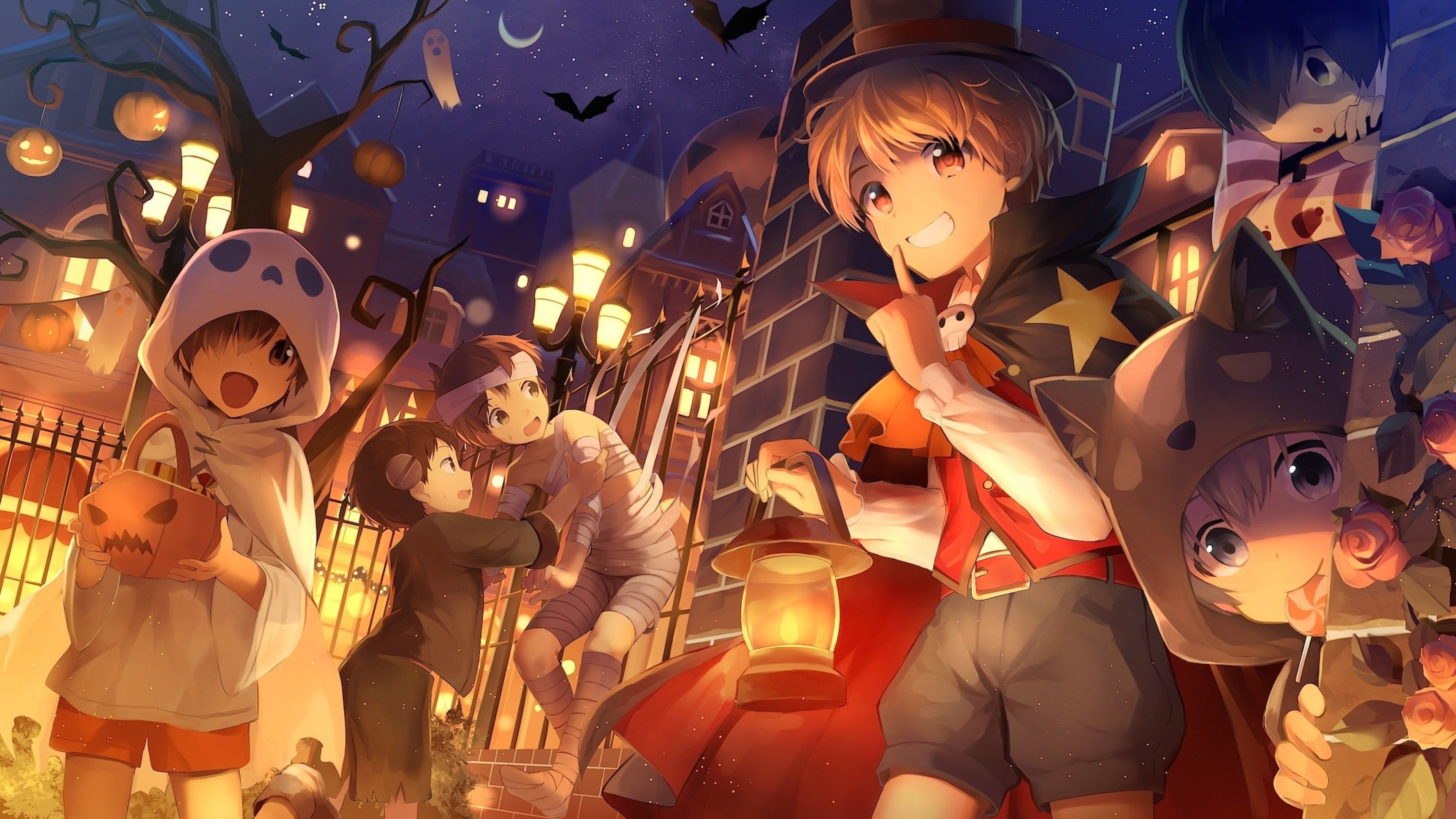 Download 3840x2160 Halloween Anime Boys, Crescent, Pumpkin Wallpaper for UHD TV