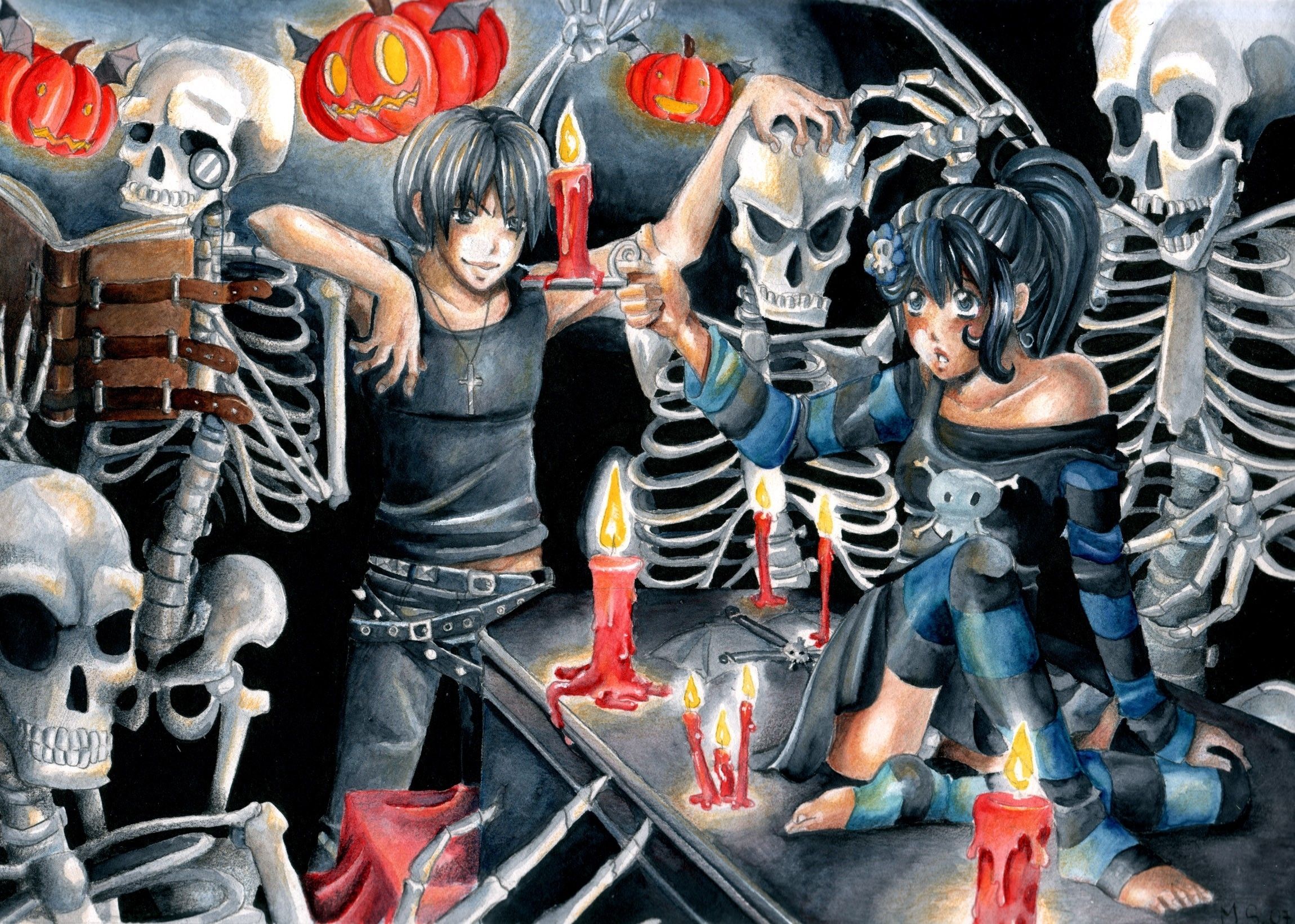 Download 2300x1641 Brunettes halloween short hair skeletons anime boys anime girls pumpkins striped legwear Wallpaper