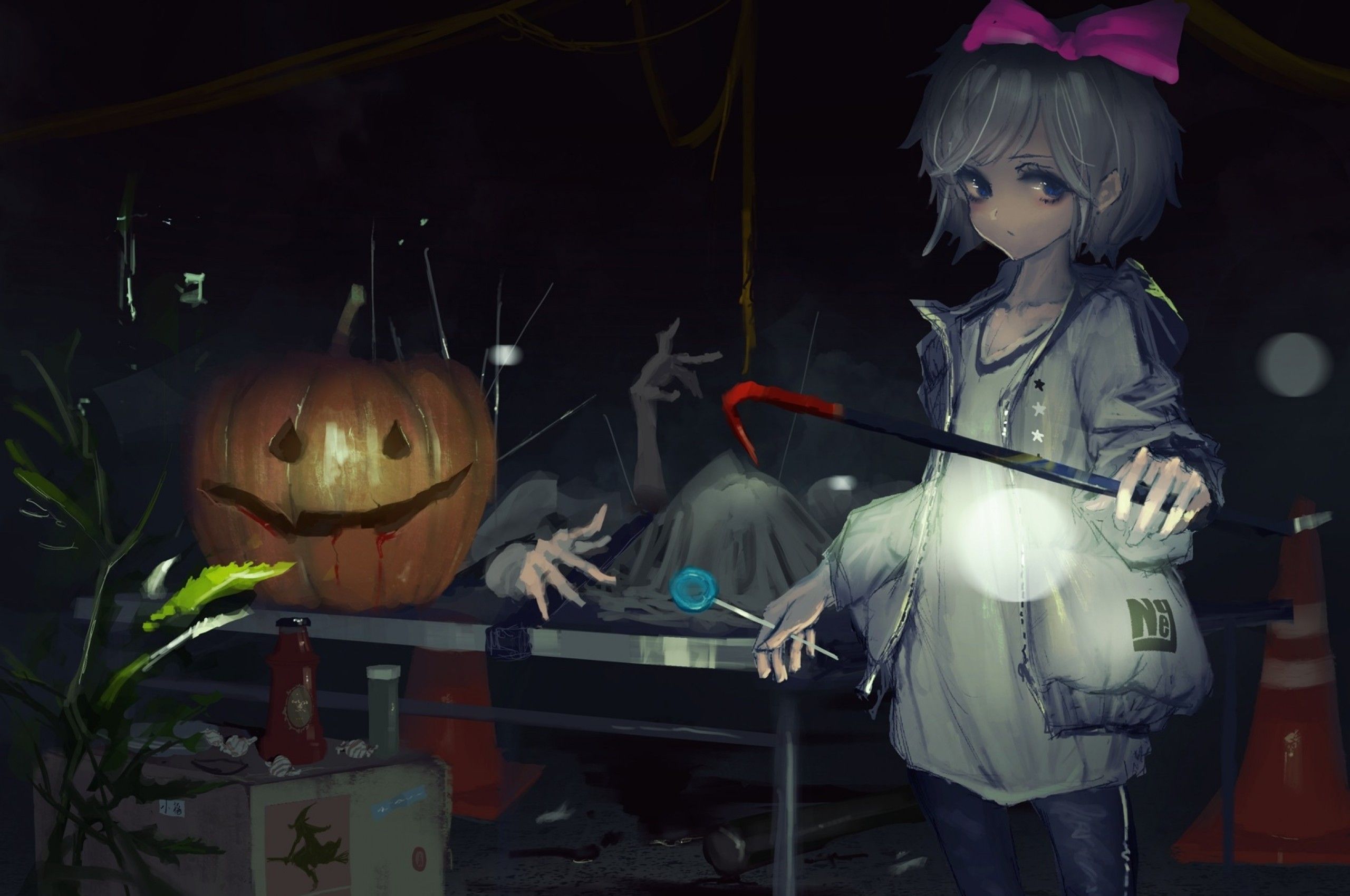 Download 2560x1700 Anime Boy, Halloween Pumpkin, Scary Wallpaper for Chromebook Pixel