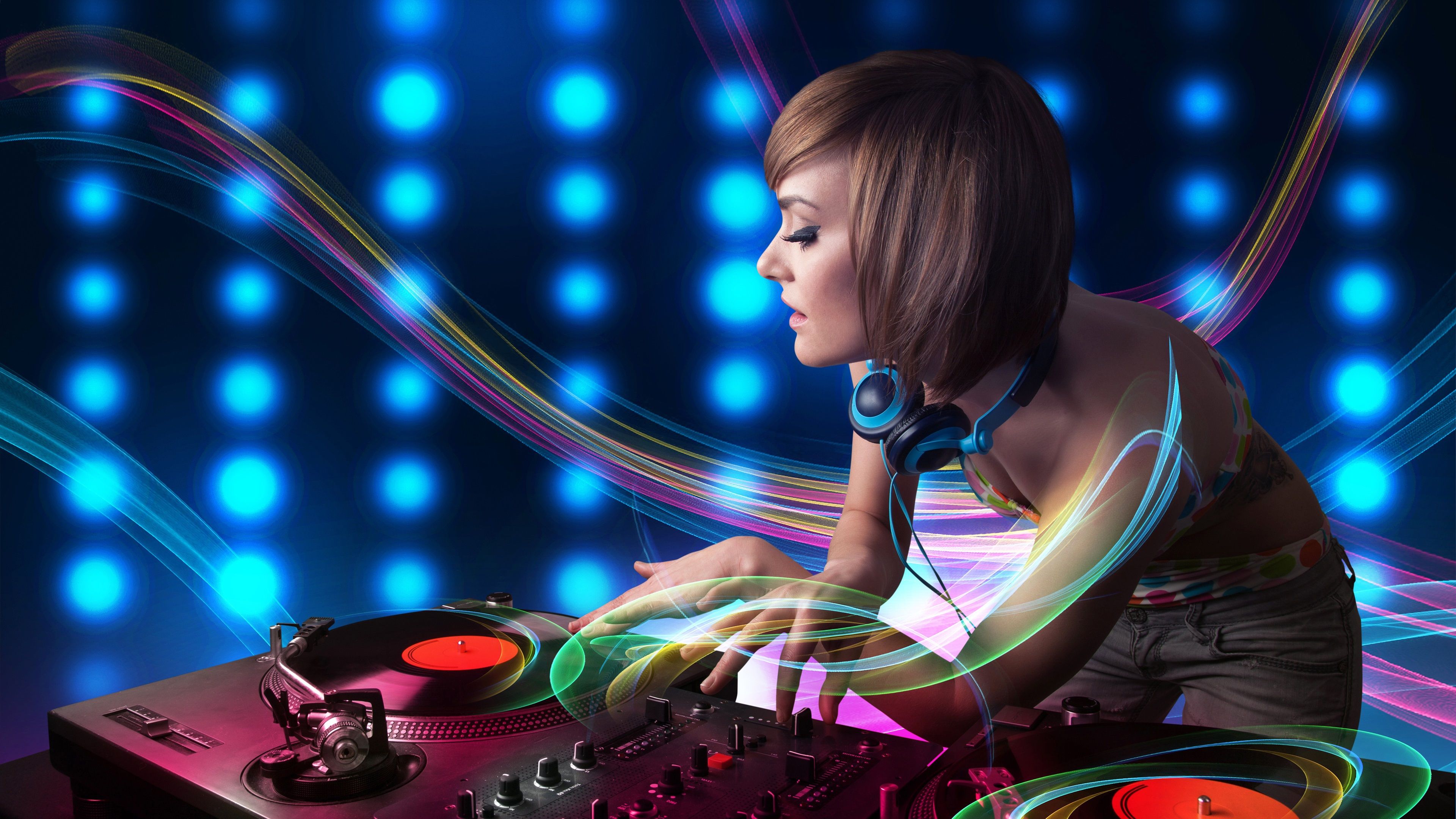 Wallpaper DJ, girl, abstraction lines, headphones, record, music theme 3840x2160 UHD 4K Picture, Image