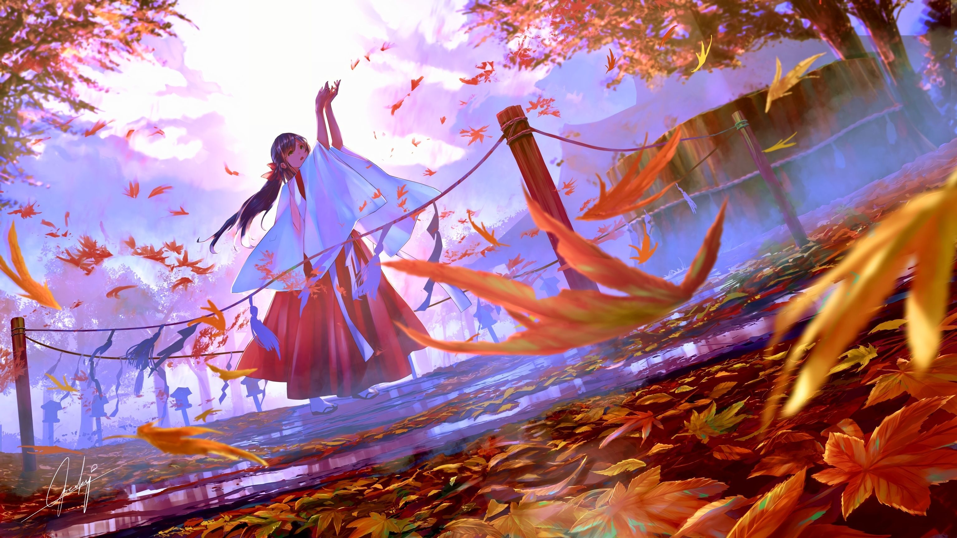 Download 3072x1728 Anime Miko Girl, Autumn, Leaves, Shrine, Anime Landscape Wallpaper