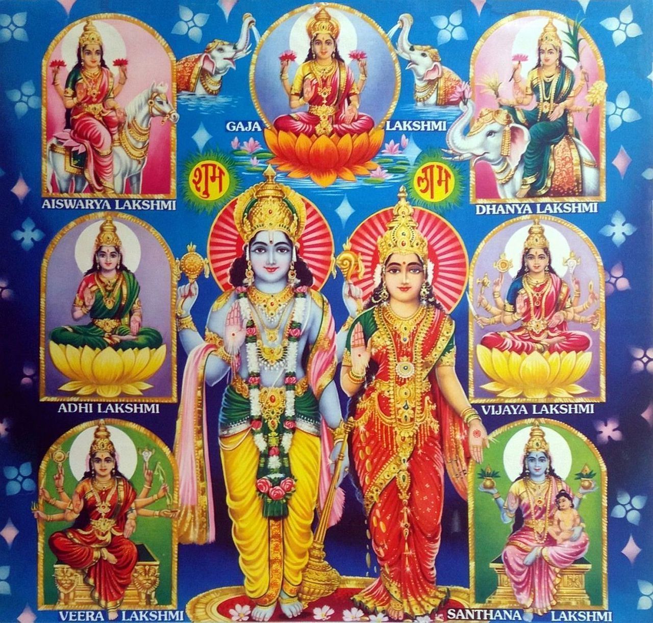 Lord Vishnu and Ashta Lakshmi 1970s Indian print (via ebay: oldbollywoodposters). Goddess lakshmi, Lakshmi image, Hindu deities