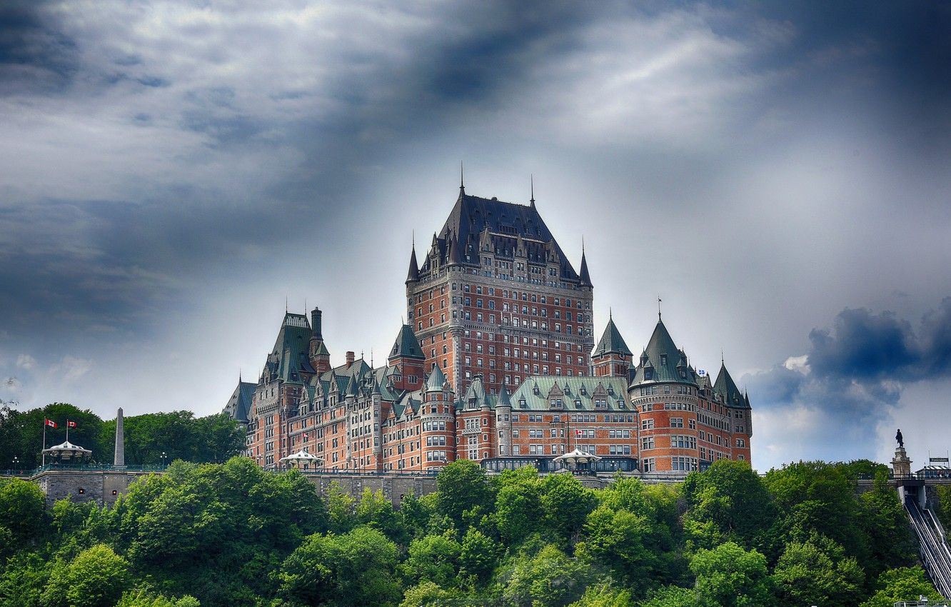 Wallpaper greens, the sky, clouds, trees, castle, Canada, Quebec, Chateau Frontenac image for desktop, section город