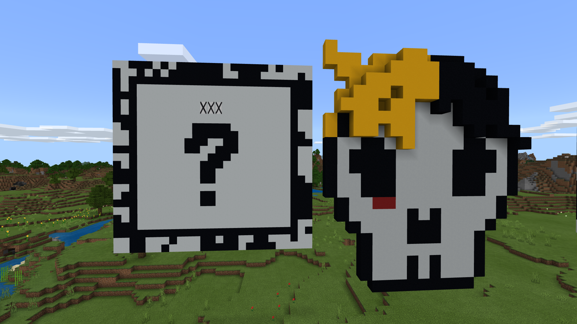 So i was bored in minecraft and i decided on attempting to do a pixel art of x's ?, also i made a skull with xs hair :) i do realise the