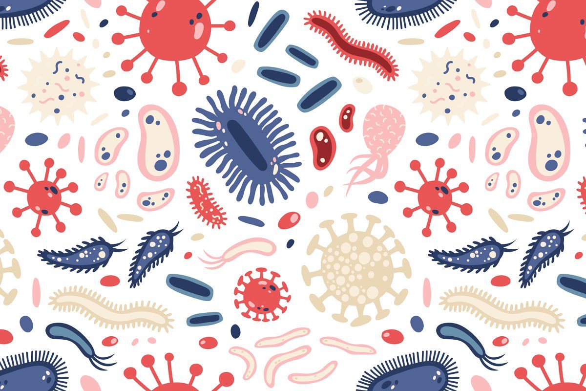 Microbes set and seamless. Graphic design brochure, Cartoon styles, Microbes