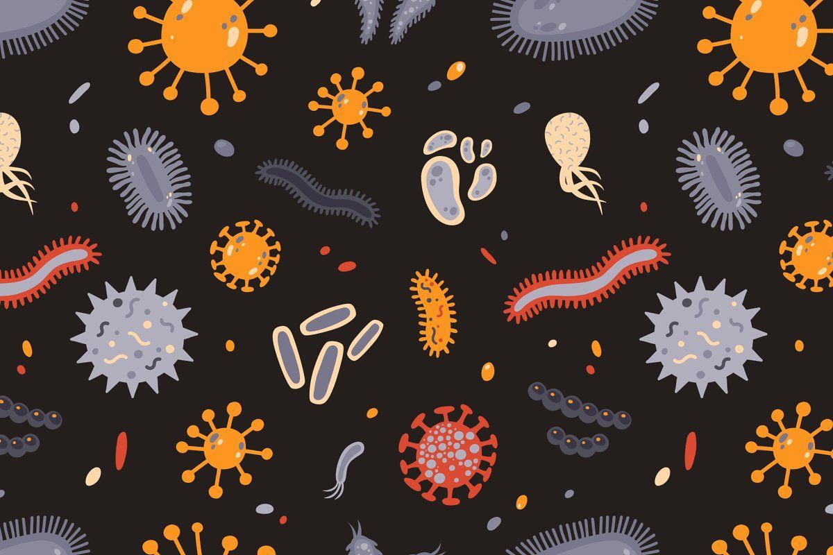 Microbes set and seamless. Wallpaper background design, Pattern sketch, Cartoon styles